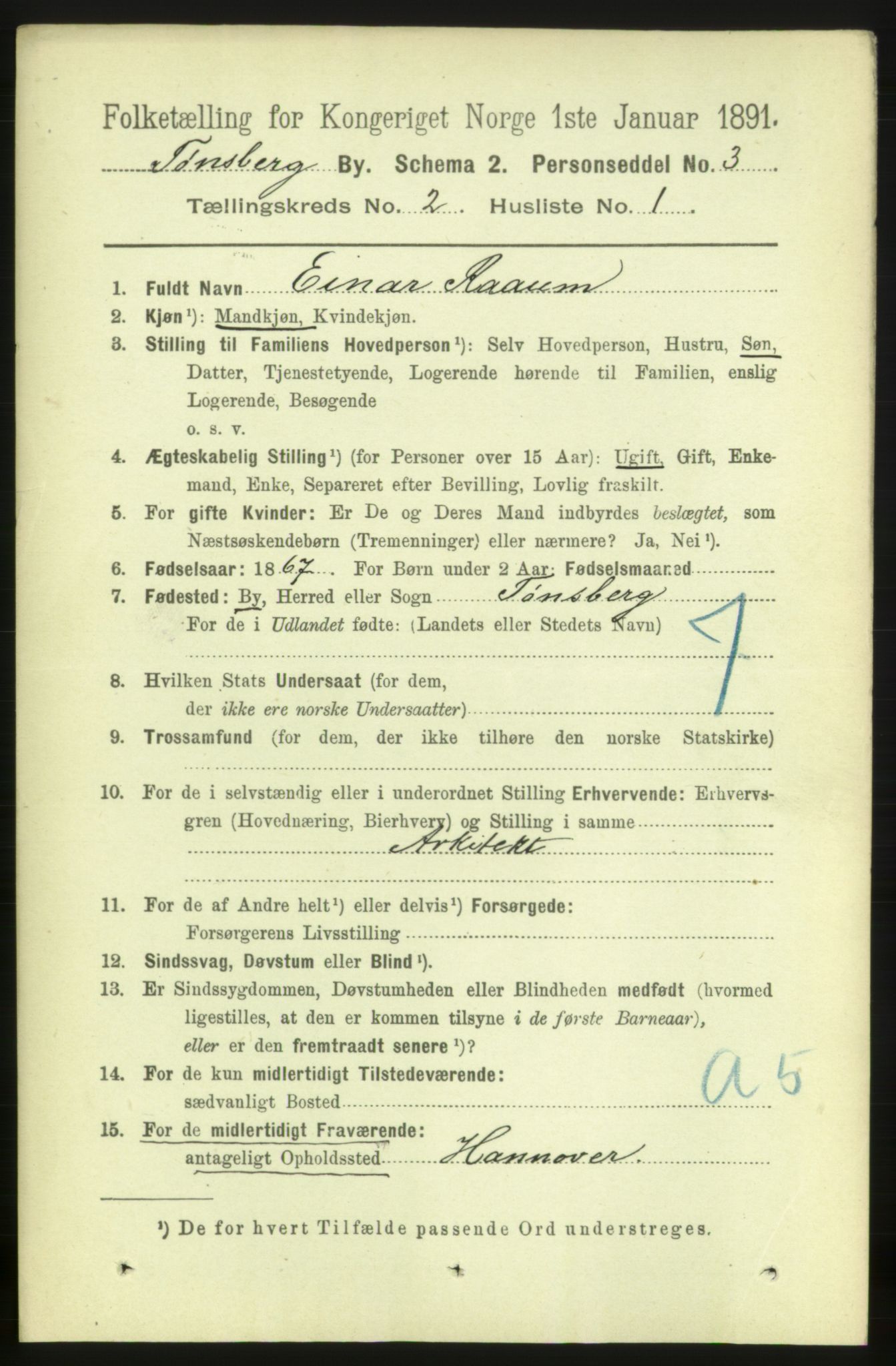 RA, 1891 census for 0705 Tønsberg, 1891, p. 1449