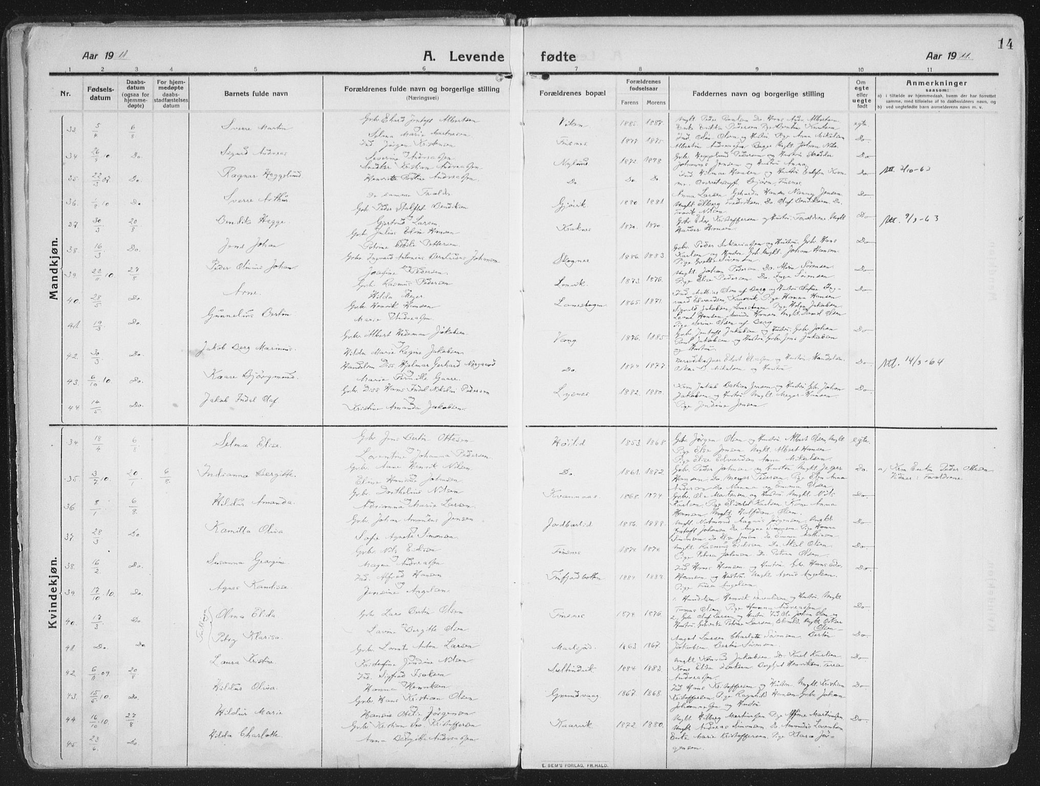 Lenvik sokneprestembete, SATØ/S-1310/H/Ha/Haa/L0016kirke: Parish register (official) no. 16, 1910-1924, p. 14