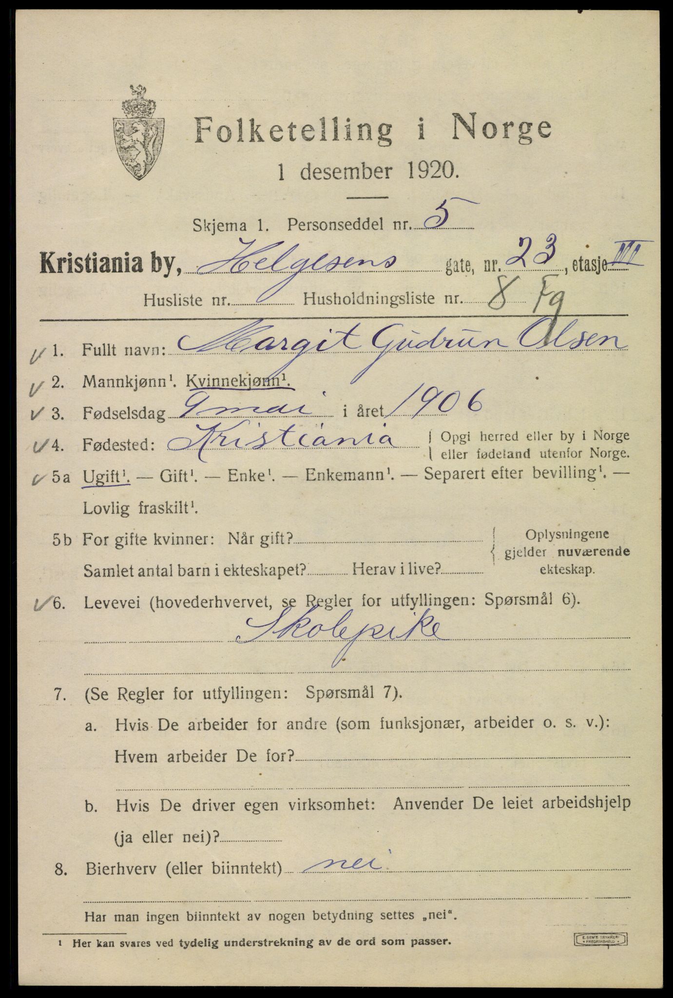 SAO, 1920 census for Kristiania, 1920, p. 284293