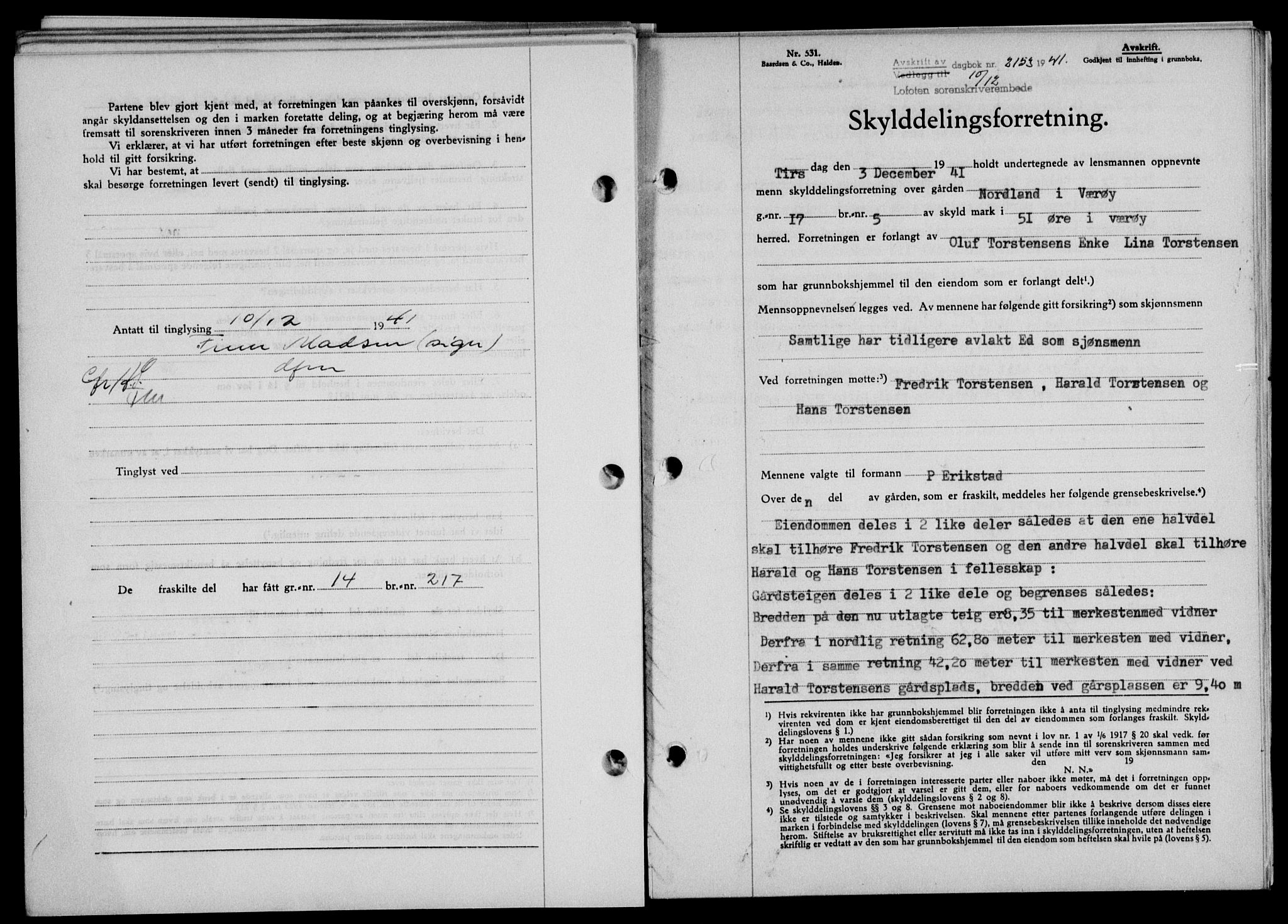 Lofoten sorenskriveri, SAT/A-0017/1/2/2C/L0009a: Mortgage book no. 9a, 1941-1942, Diary no: : 2153/1941