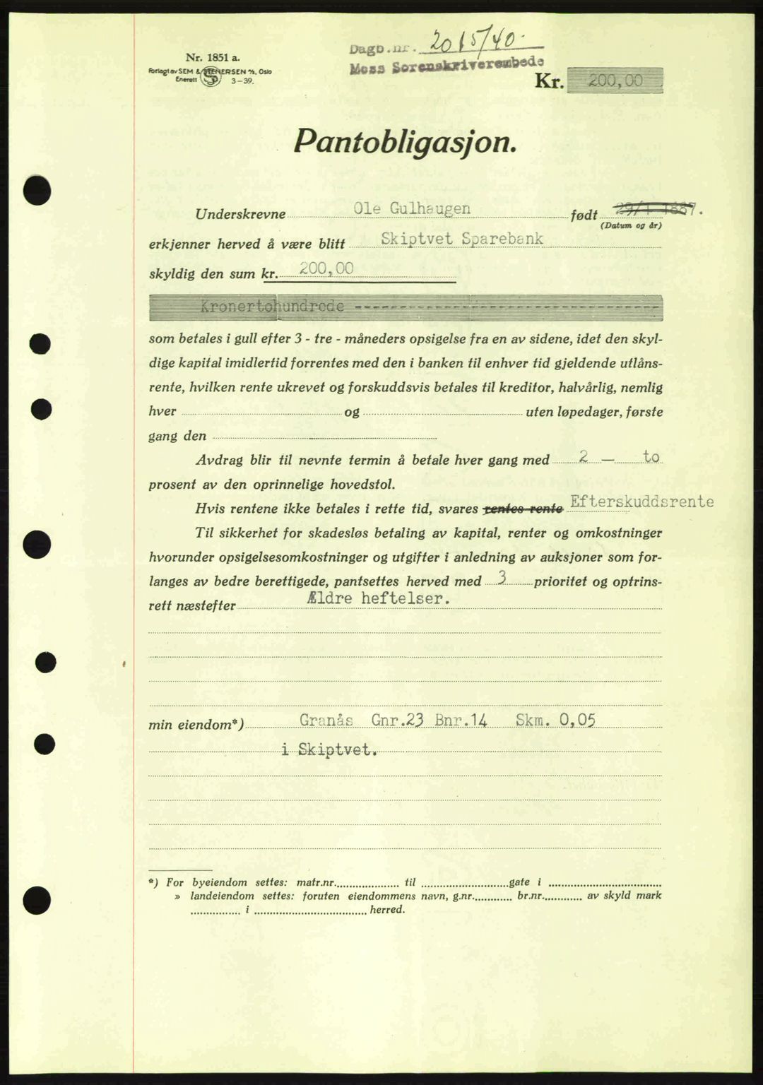 Moss sorenskriveri, SAO/A-10168: Mortgage book no. B10, 1940-1941, Diary no: : 2015/1940