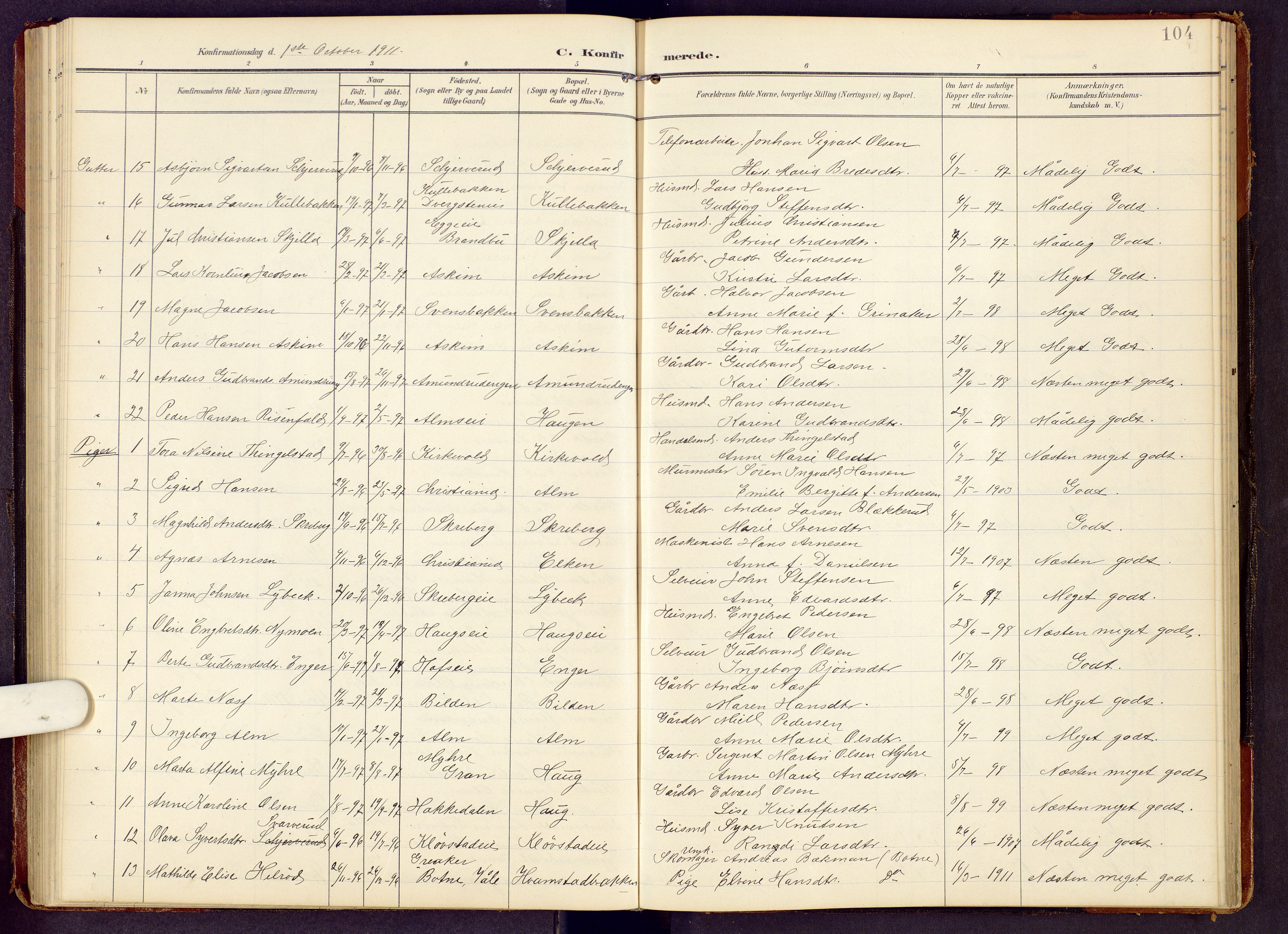 Brandbu prestekontor, SAH/PREST-114/H/Ha/Hab/L0009: Parish register (copy) no. 9, 1903-1916, p. 104