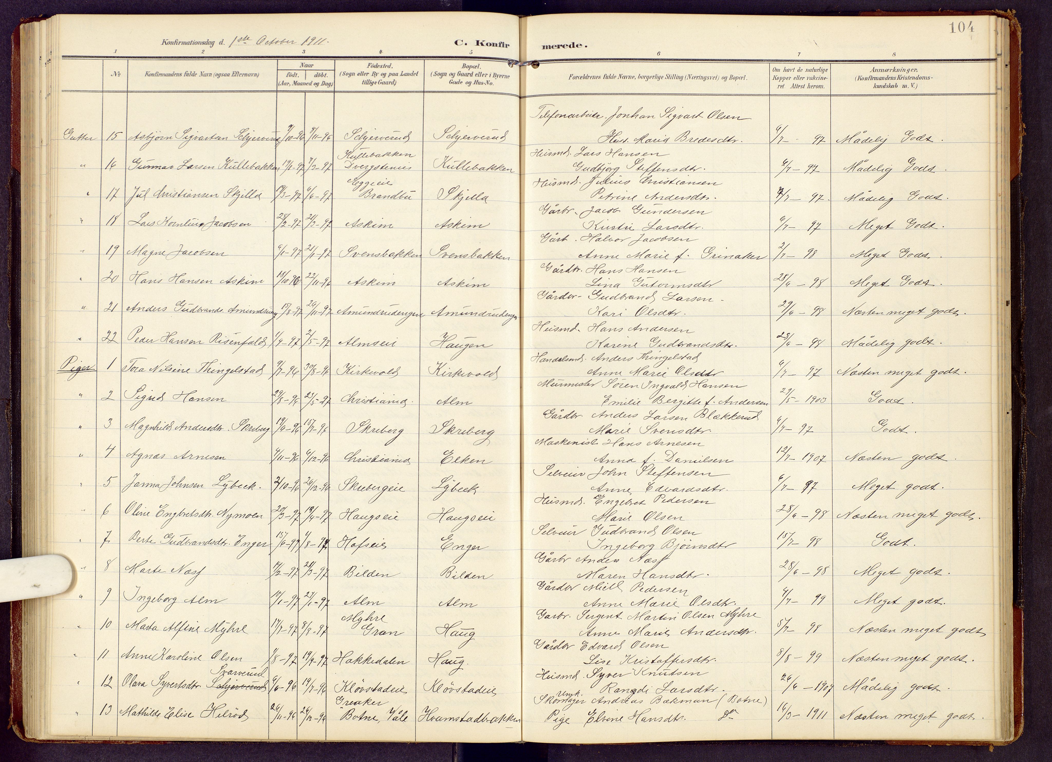 Brandbu prestekontor, AV/SAH-PREST-114/H/Ha/Hab/L0009: Parish register (copy) no. 9, 1903-1916, p. 104