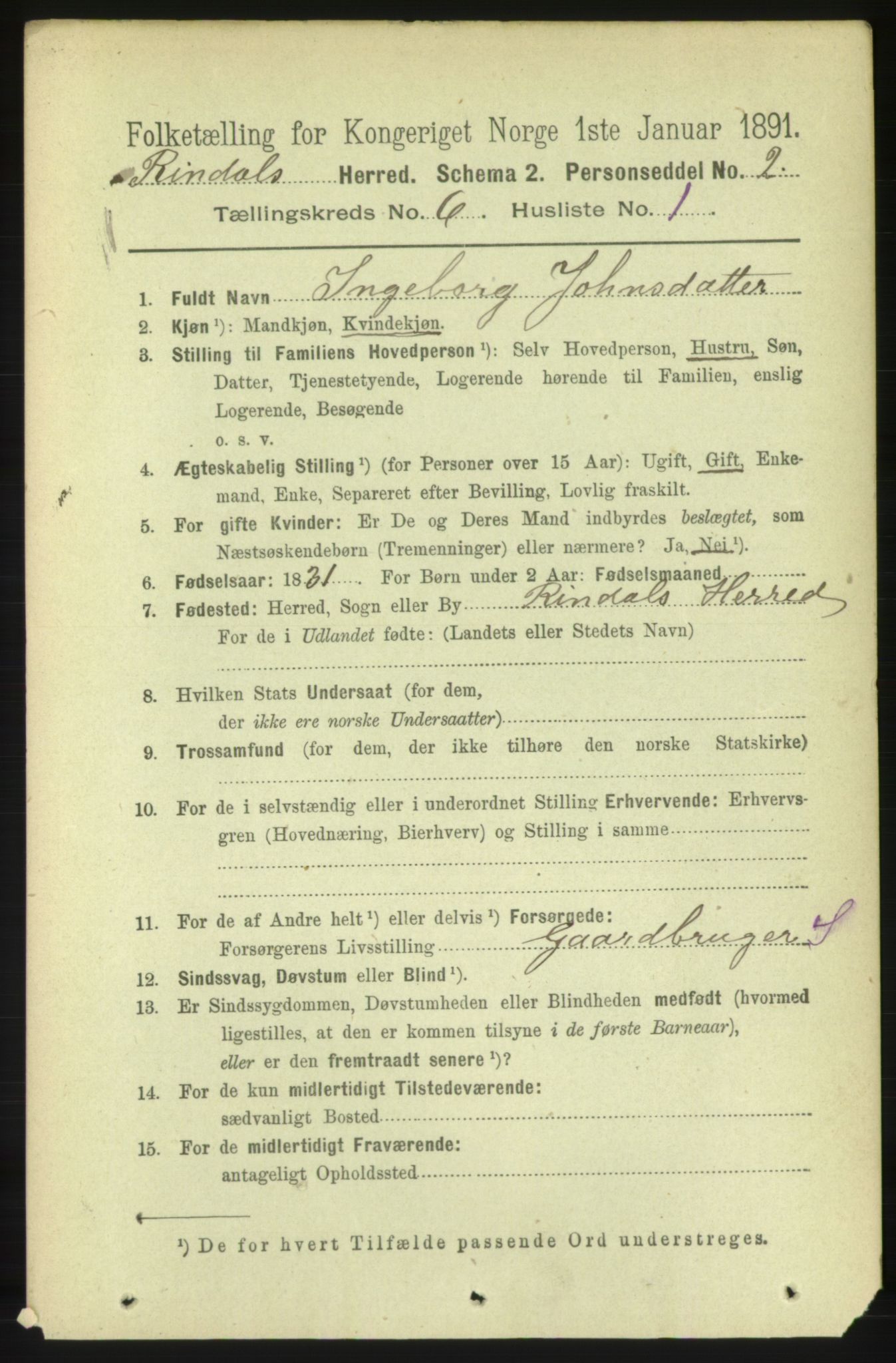 RA, 1891 census for 1567 Rindal, 1891, p. 1745