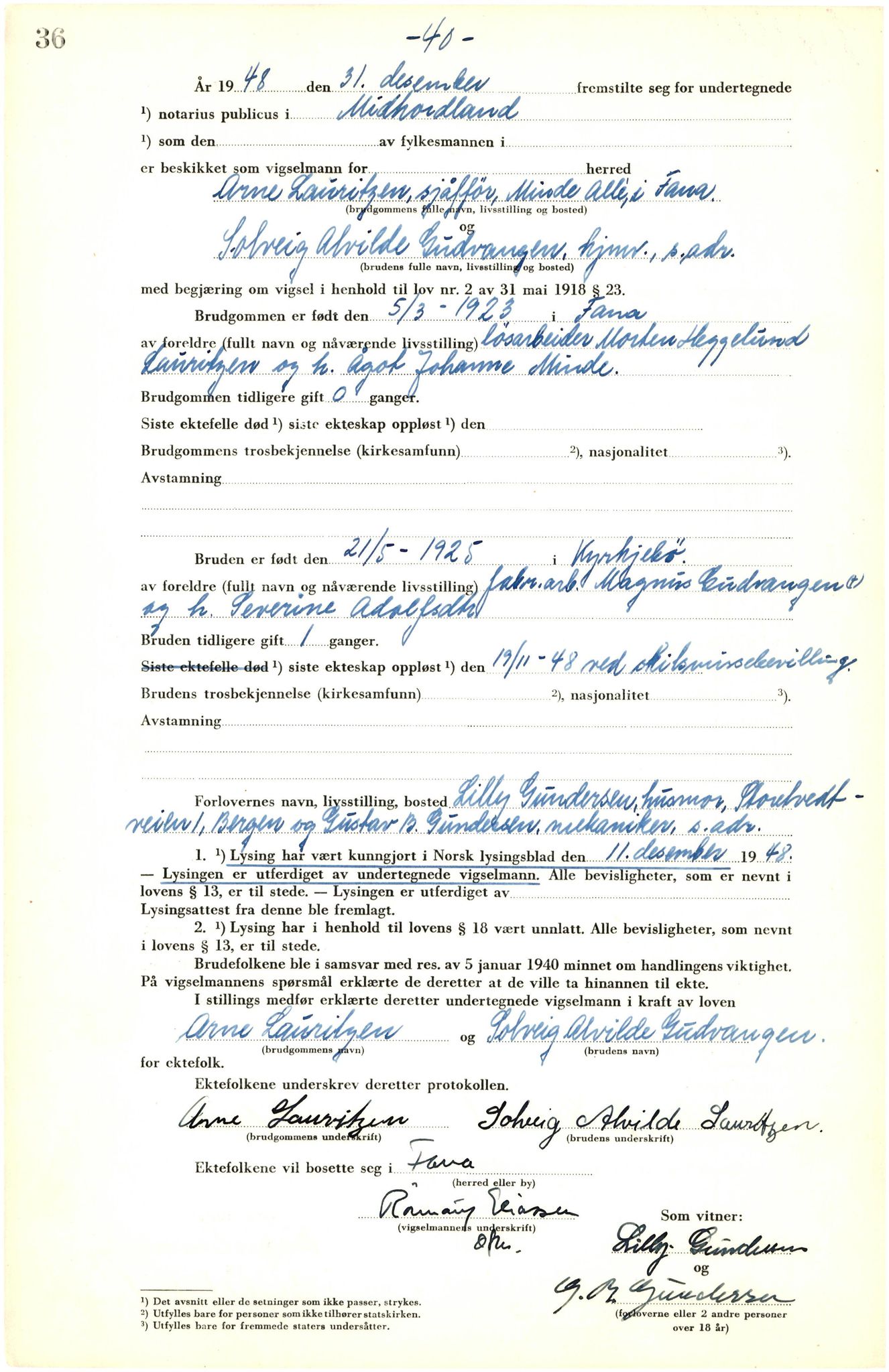 Midhordland sorenskriveri, SAB/A-3001/1/M/Mc/Mca/L0008: Vigselbok, 1948-1952, p. 36