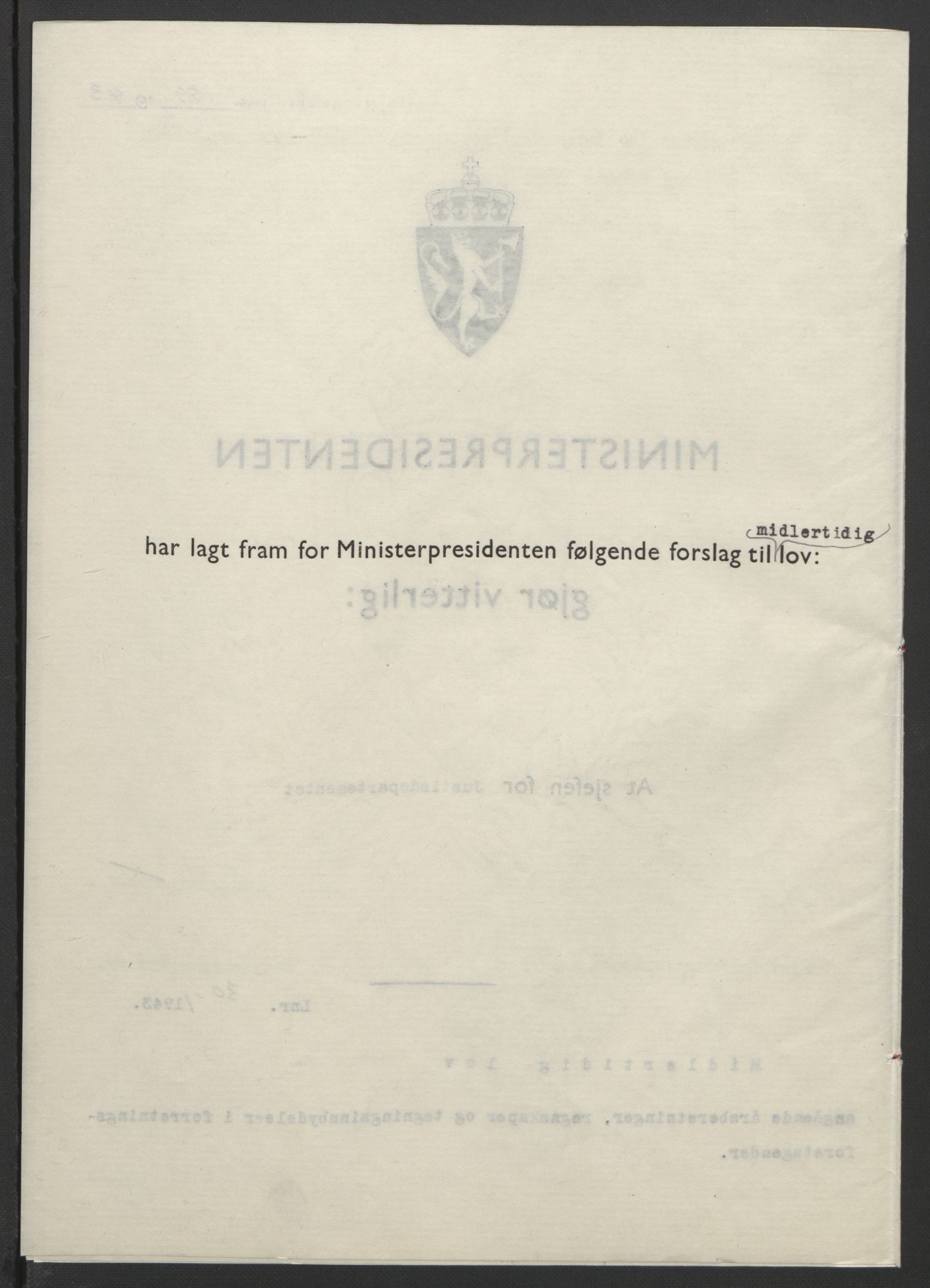 NS-administrasjonen 1940-1945 (Statsrådsekretariatet, de kommisariske statsråder mm), AV/RA-S-4279/D/Db/L0099: Lover, 1943, p. 125