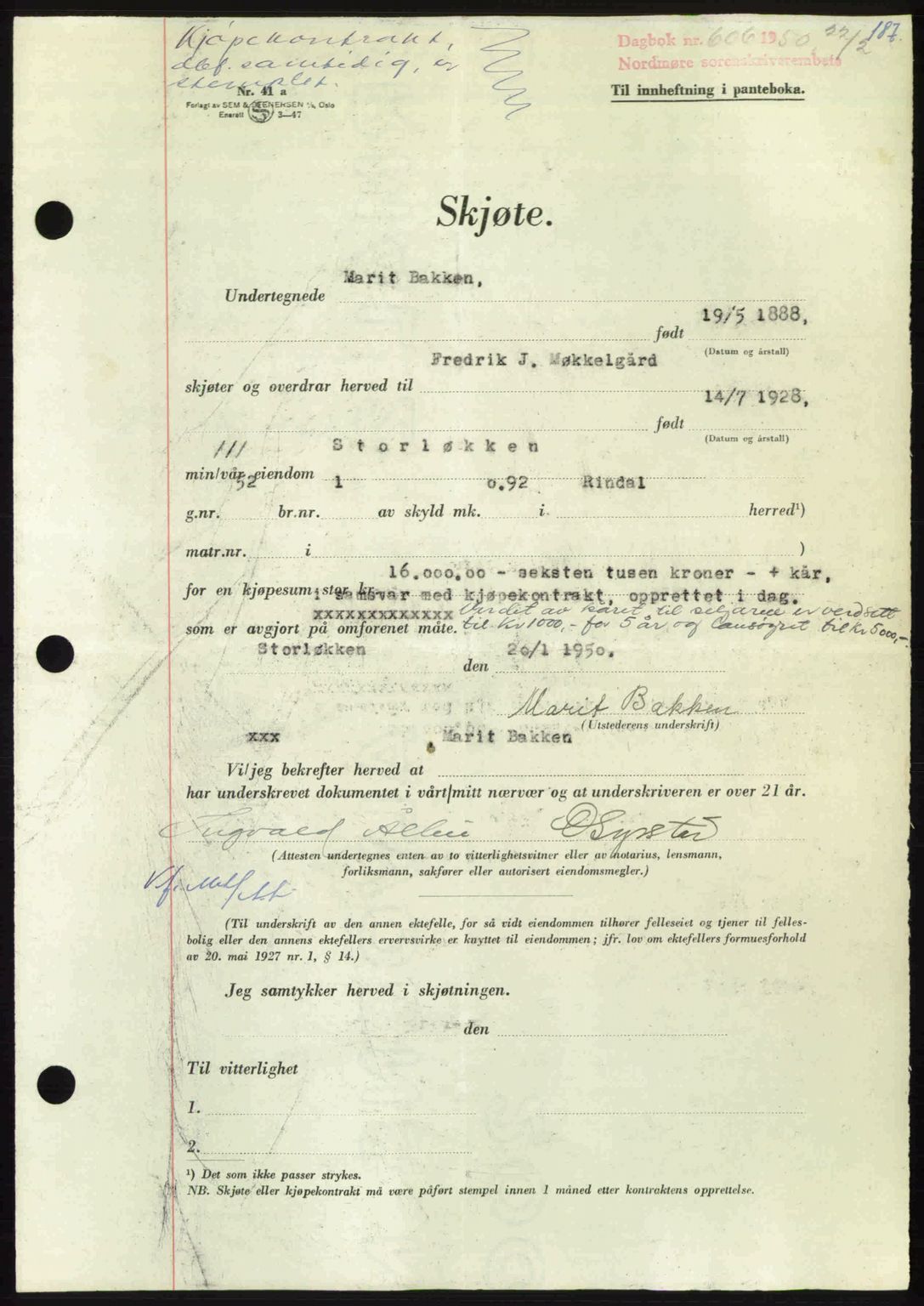 Nordmøre sorenskriveri, AV/SAT-A-4132/1/2/2Ca: Mortgage book no. A114, 1950-1950, Diary no: : 606/1950