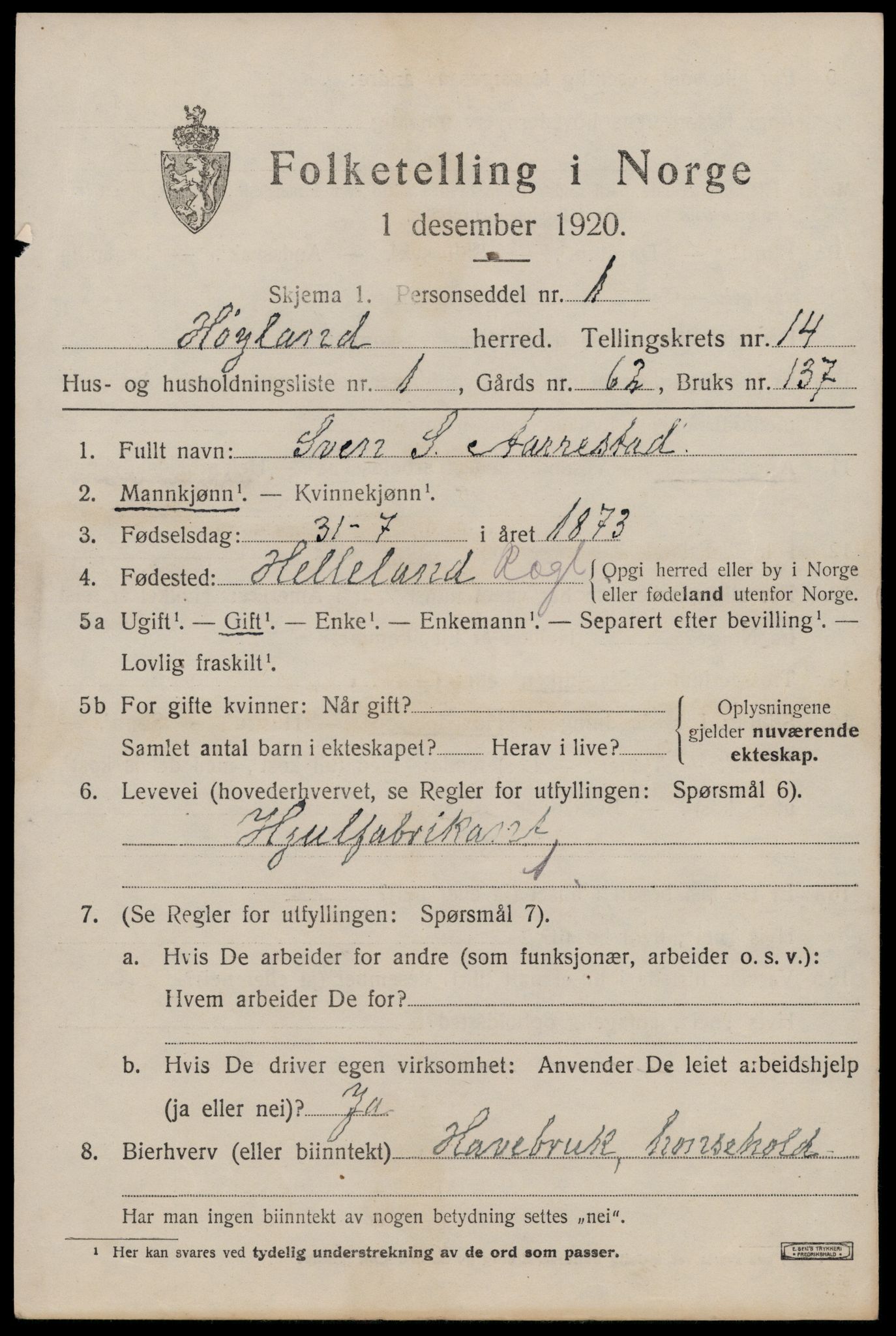 SAST, 1920 census for Høyland, 1920, p. 12984