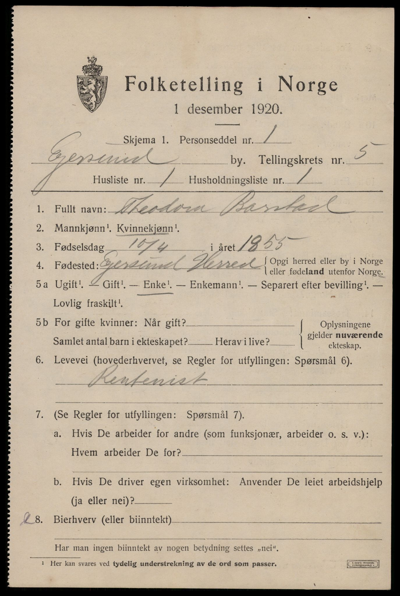 SAST, 1920 census for Egersund town, 1920, p. 8042