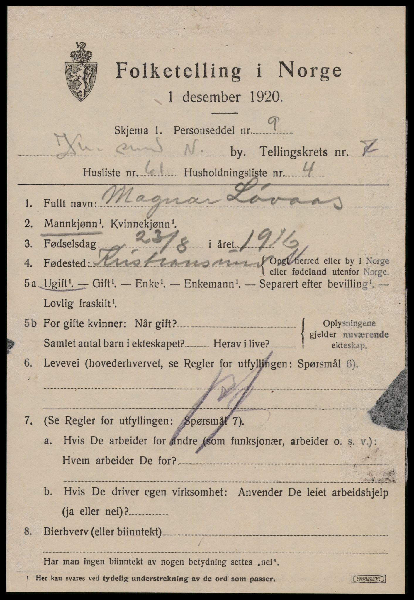 SAT, 1920 census for Kristiansund, 1920, p. 19829