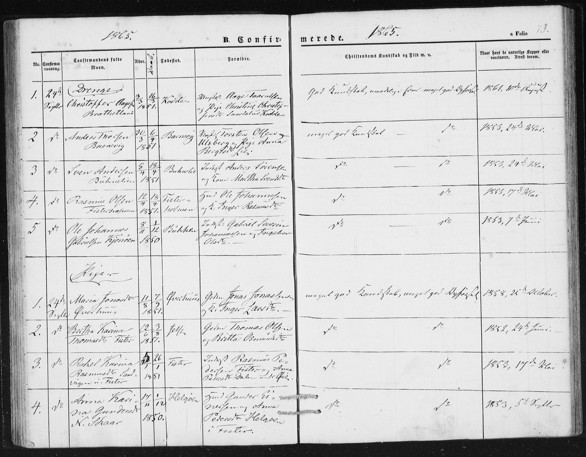 Hjelmeland sokneprestkontor, SAST/A-101843/01/IV/L0010: Parish register (official) no. A 10, 1851-1871, p. 73