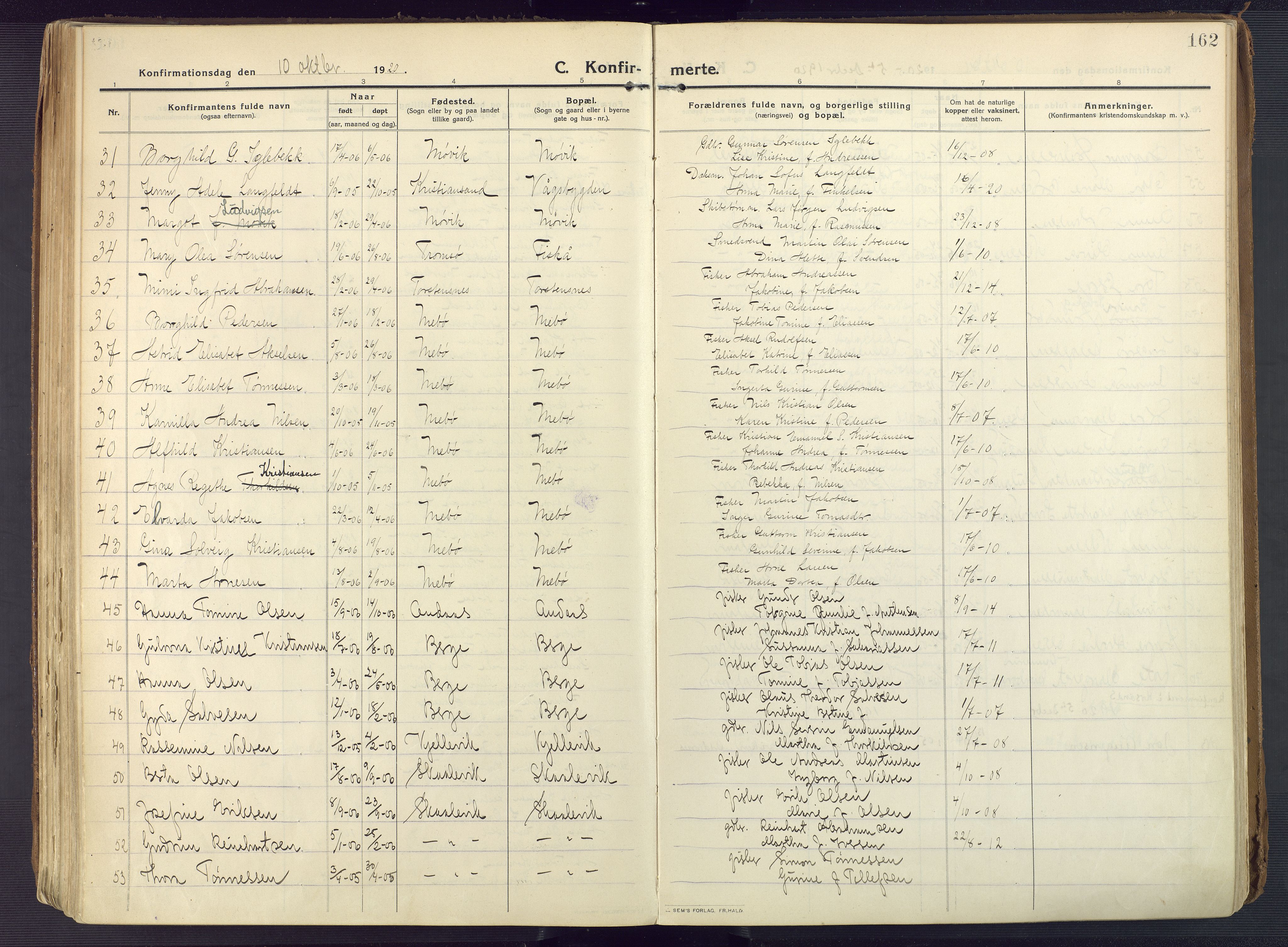 Oddernes sokneprestkontor, AV/SAK-1111-0033/F/Fa/Faa/L0012: Parish register (official) no. A 12, 1912-1925, p. 162