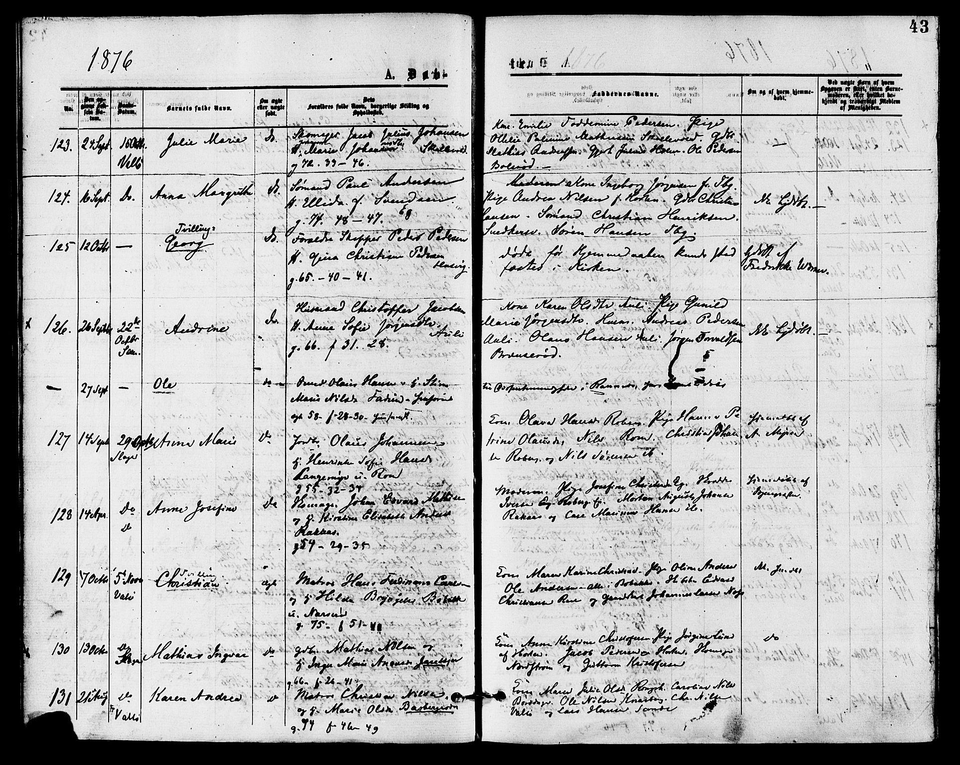 Sem kirkebøker, AV/SAKO-A-5/F/Fa/L0009: Parish register (official) no. I 9, 1874-1877, p. 43