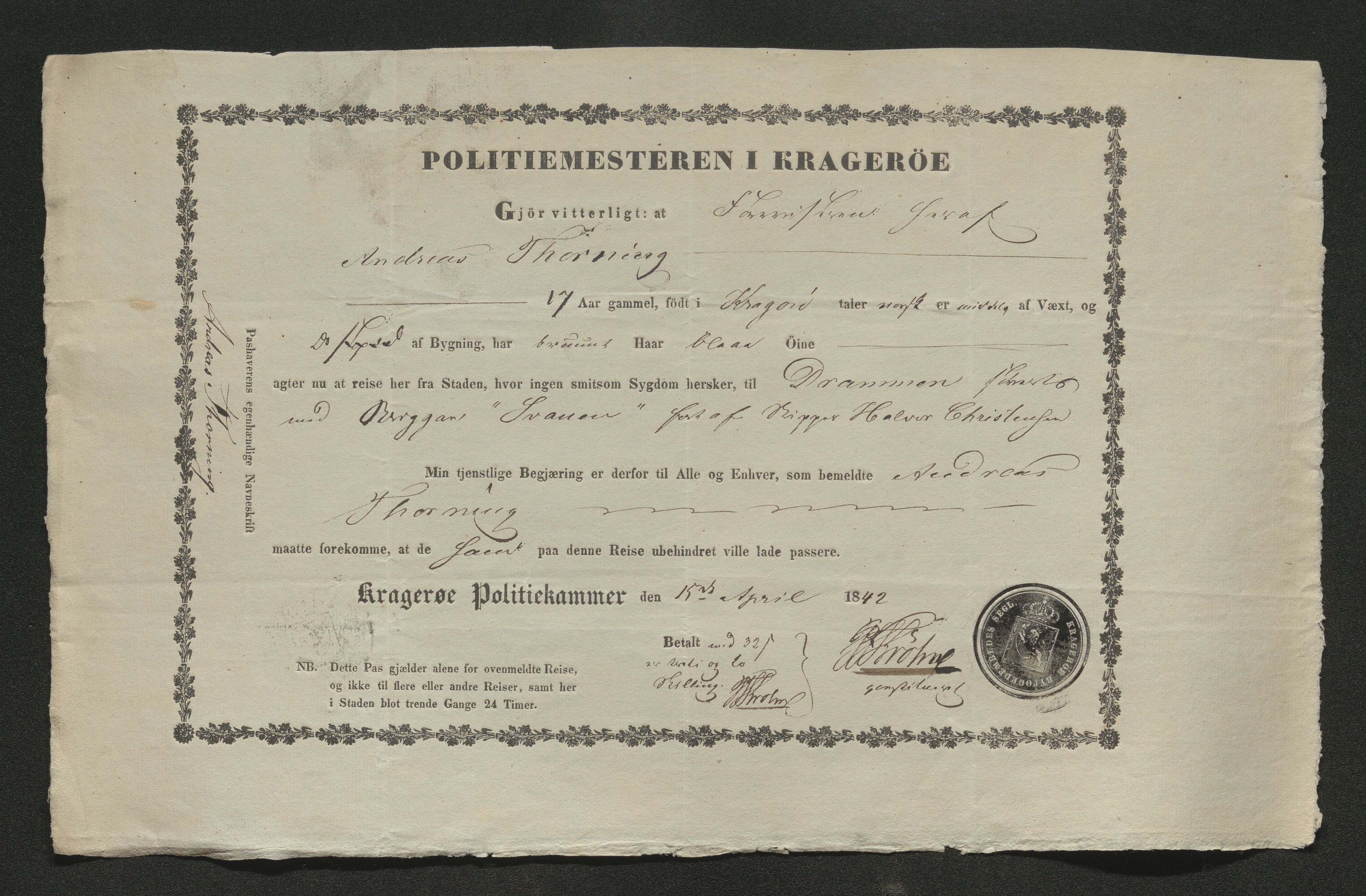 Drammen politikammer, AV/SAKO-A-623/I/Ia/Iab/L0006: Innleverte pass, 1841-1842, p. 397