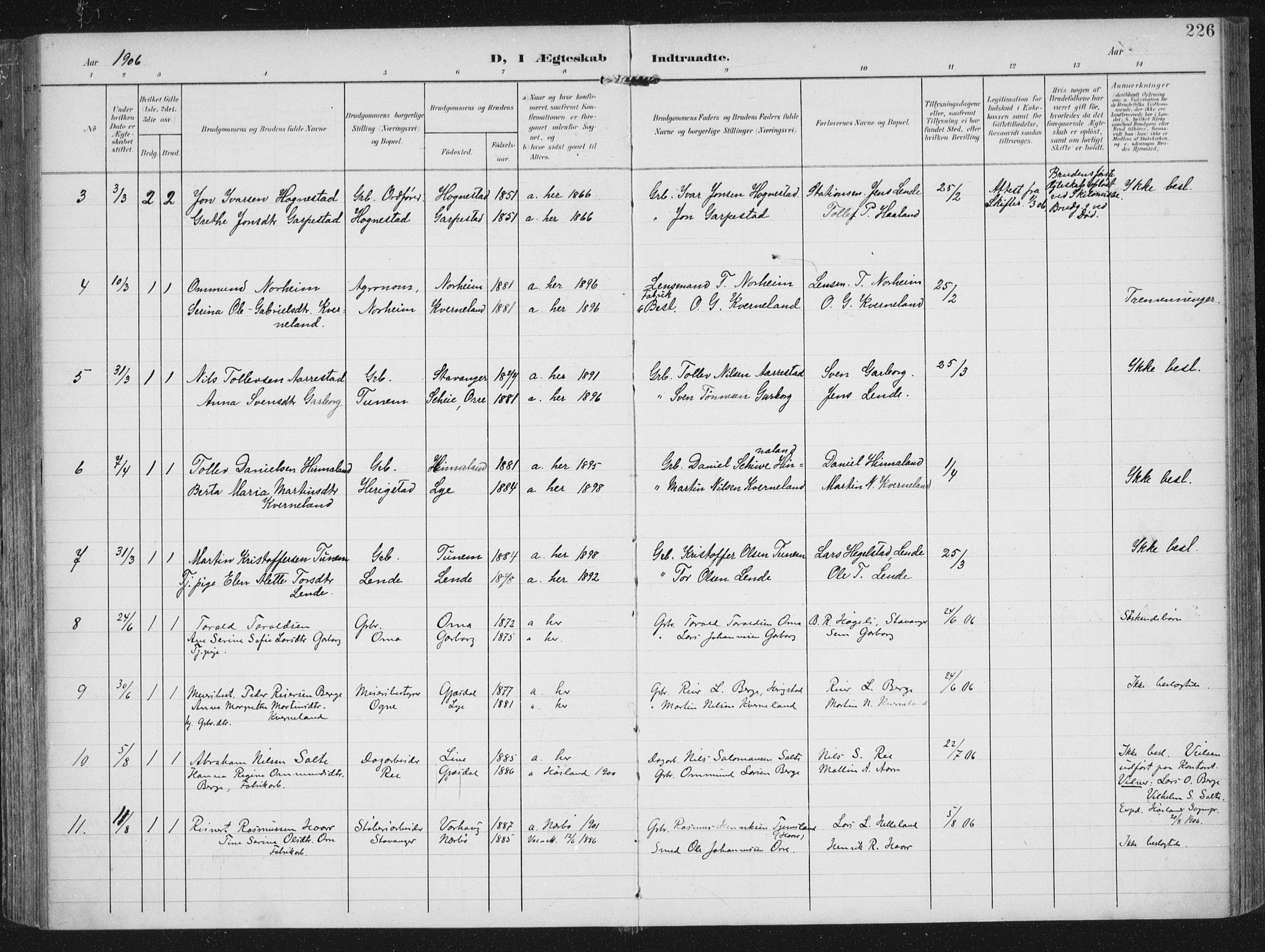 Lye sokneprestkontor, AV/SAST-A-101794/002/A/L0001: Parish register (official) no. A 12, 1904-1920, p. 226