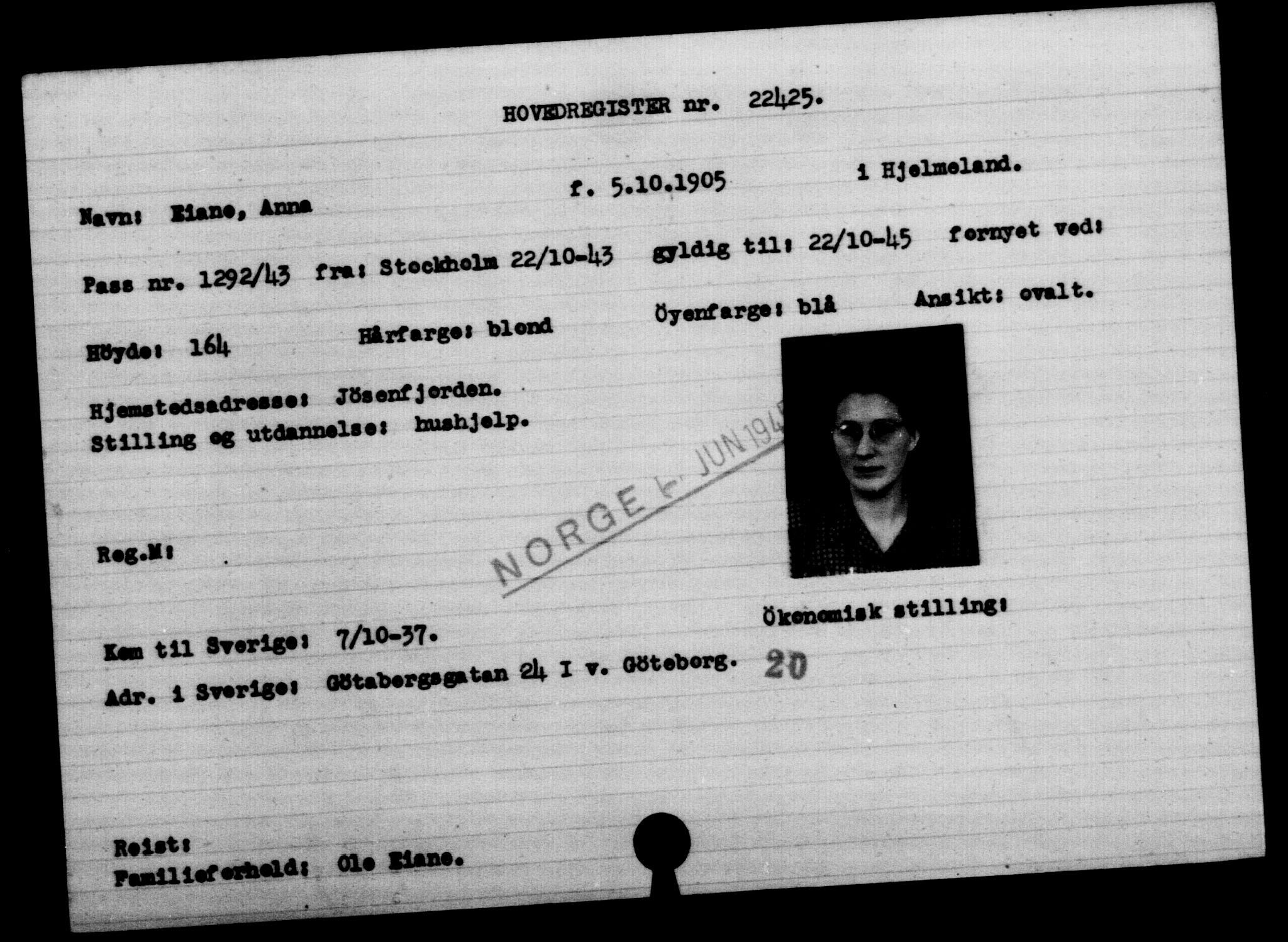 Utenriksstasjonene, Legasjonen i Stockholm, Flyktningkontoret, AV/RA-S-6753/V/Va/L0010: Kjesäterkartoteket, flyktninger med registreringsnr. 22000-25314, 1940-1945, p. 474