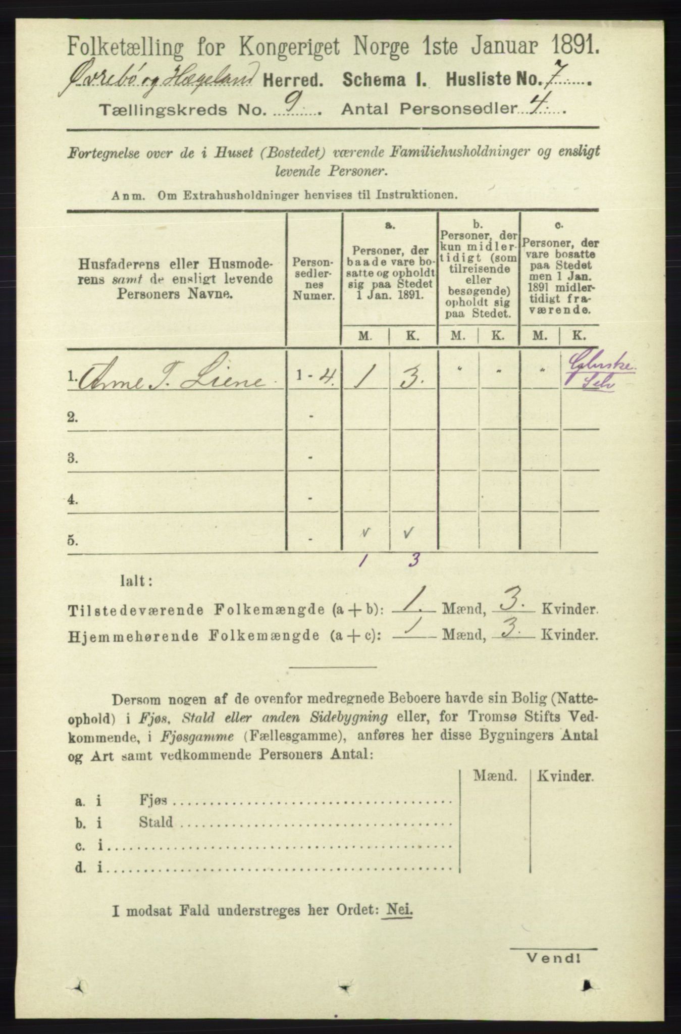 RA, 1891 census for 1016 Øvrebø og Hægeland, 1891, p. 1708