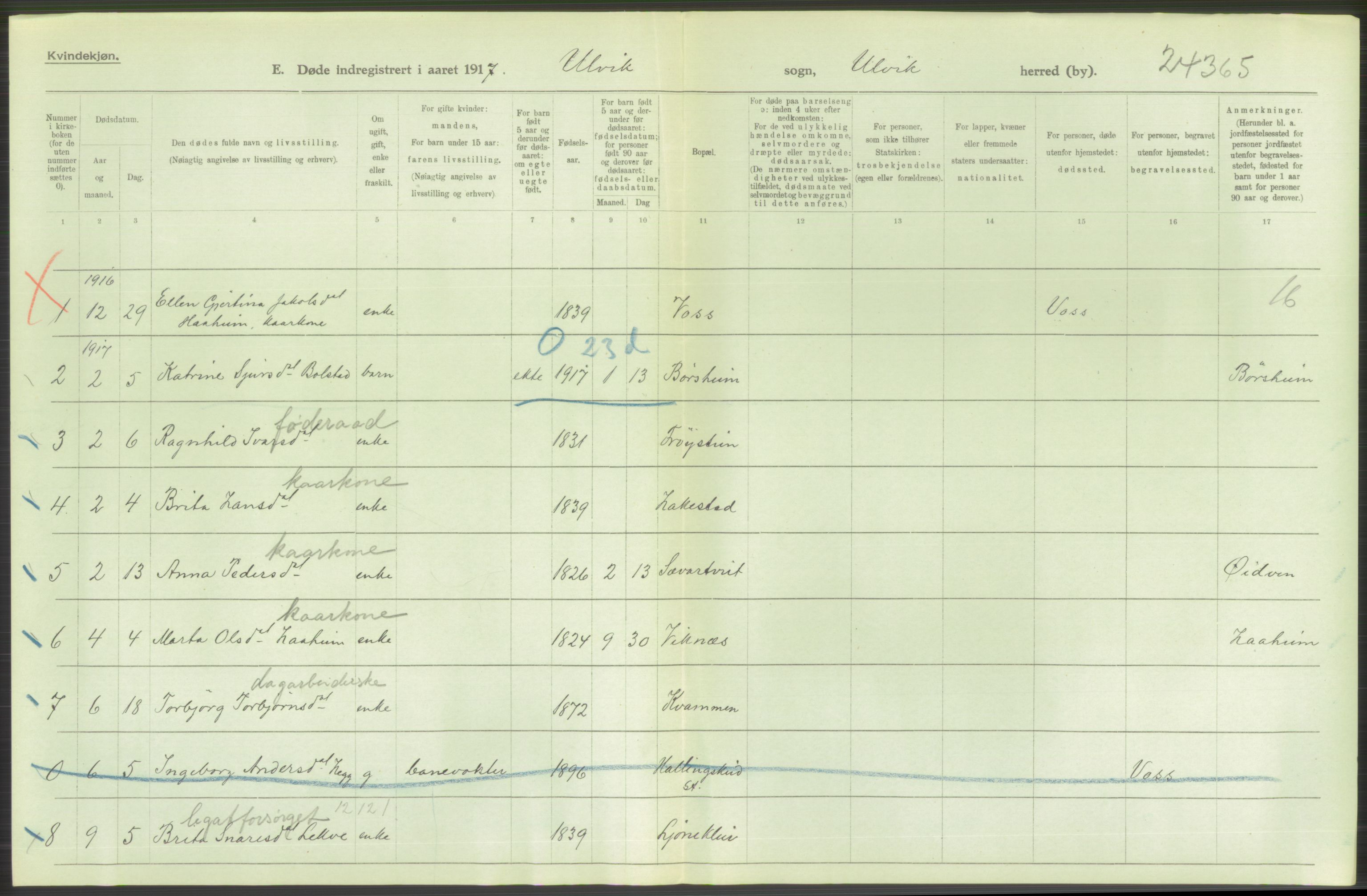 Statistisk sentralbyrå, Sosiodemografiske emner, Befolkning, AV/RA-S-2228/D/Df/Dfb/Dfbg/L0036: S. Bergenhus amt: Døde, dødfødte. Bygder., 1917, p. 464