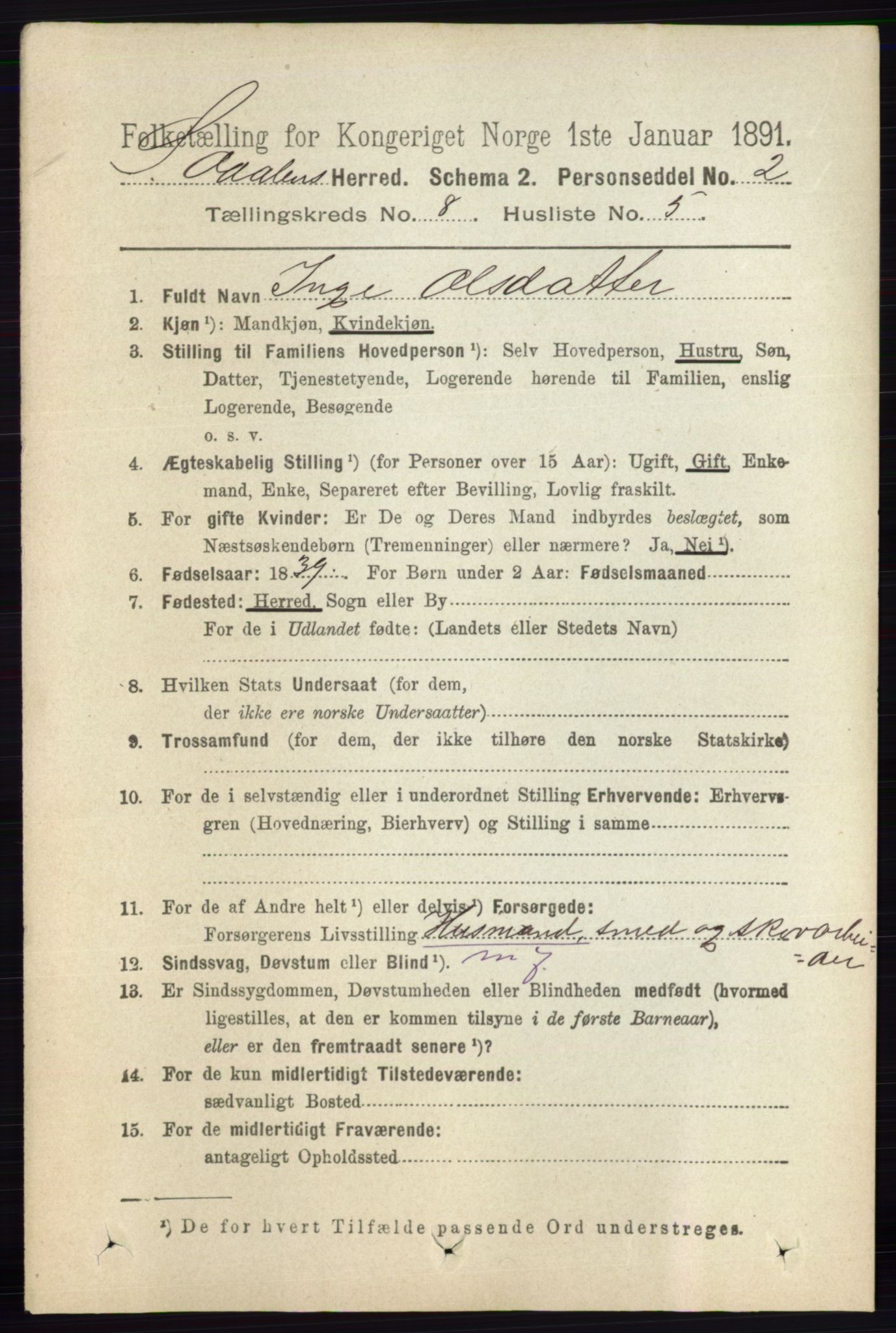 RA, 1891 census for 0419 Sør-Odal, 1891, p. 3996