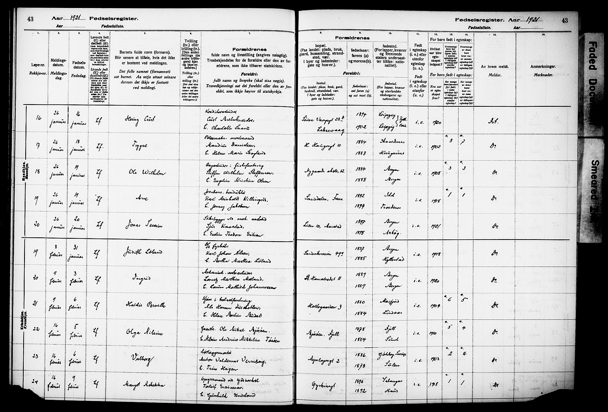 Kvinneklinikken, AV/SAB-A-76301/F/L0A02: Birth register no. A 2, 1920-1924, p. 43