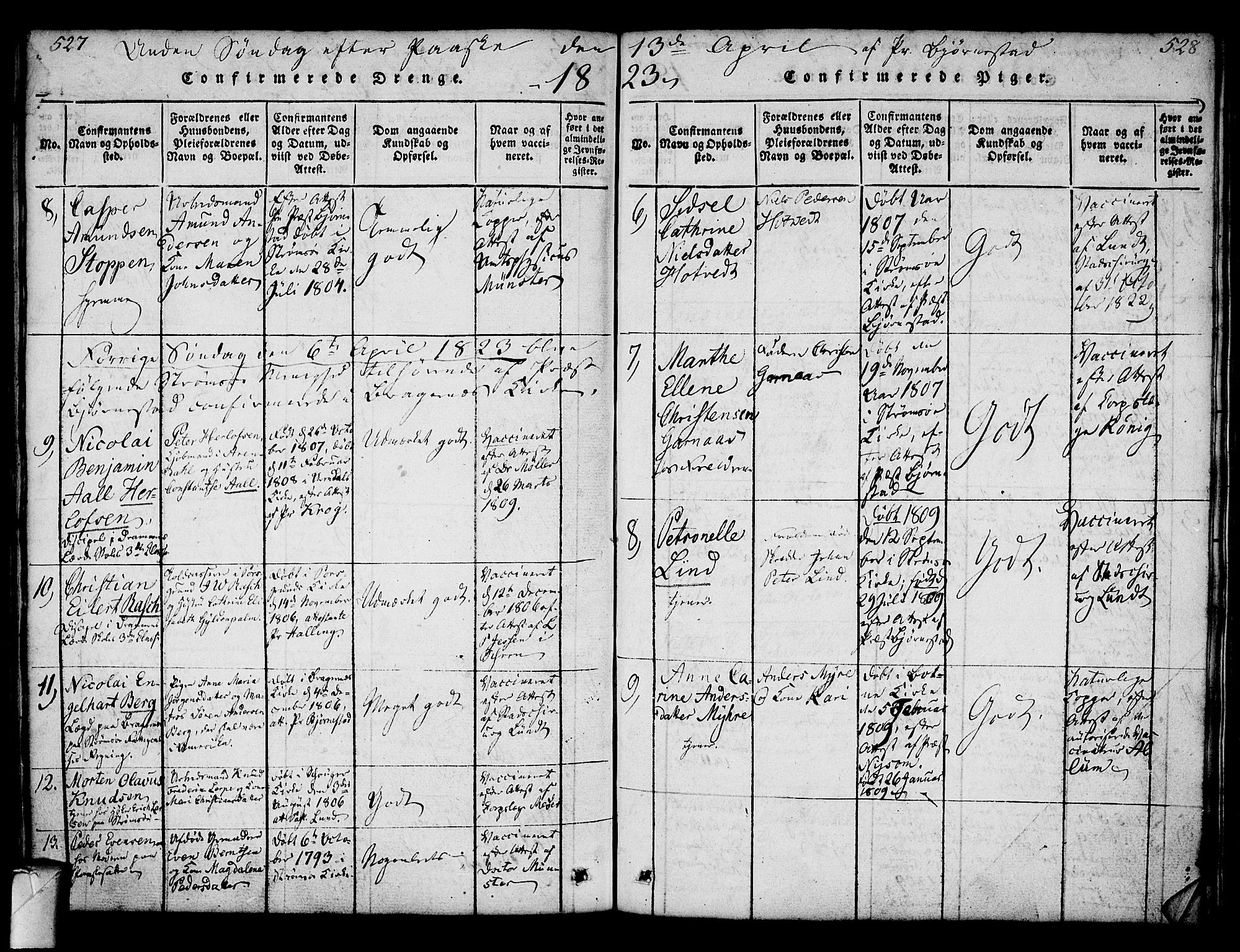 Strømsø kirkebøker, AV/SAKO-A-246/F/Fa/L0011: Parish register (official) no. I 11, 1815-1829, p. 527-528