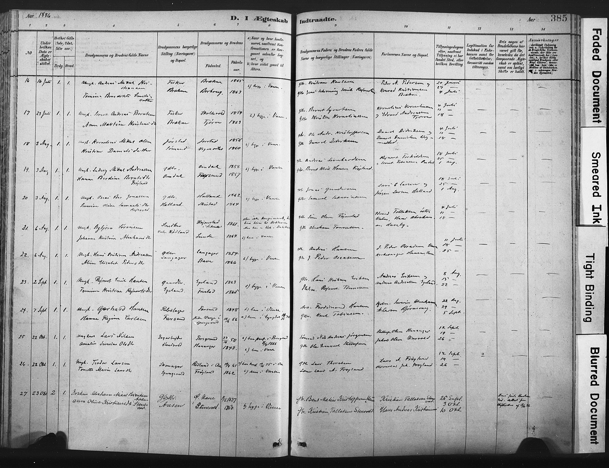 Lista sokneprestkontor, AV/SAK-1111-0027/F/Fa/L0012: Parish register (official) no. A 12, 1879-1903, p. 385