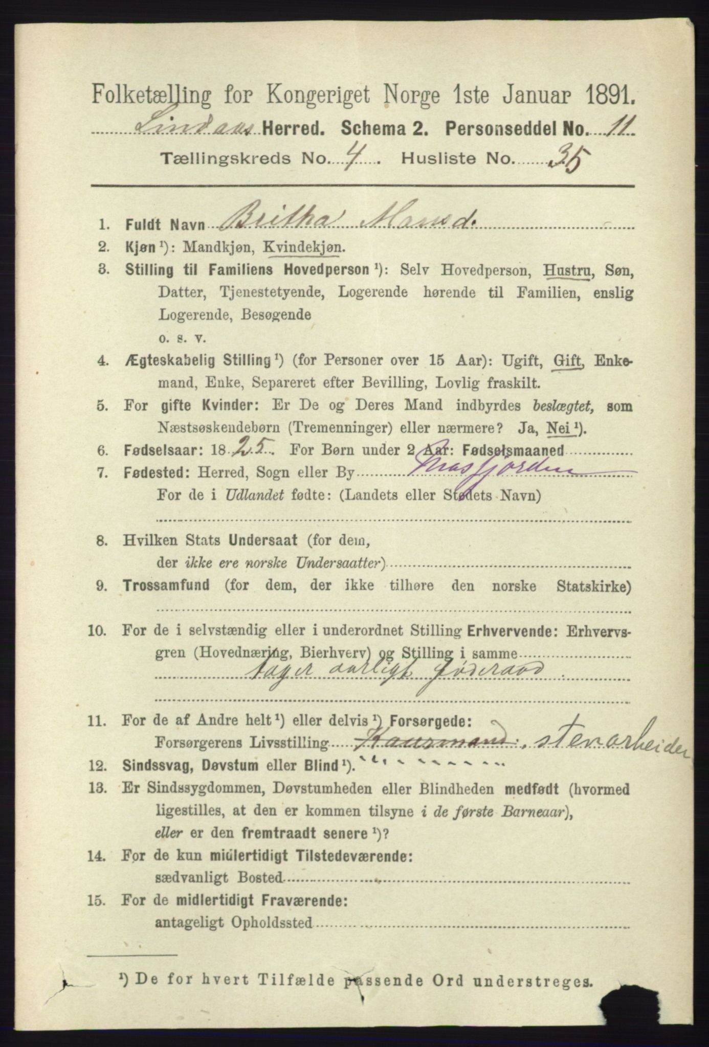 RA, 1891 census for 1263 Lindås, 1891, p. 1393