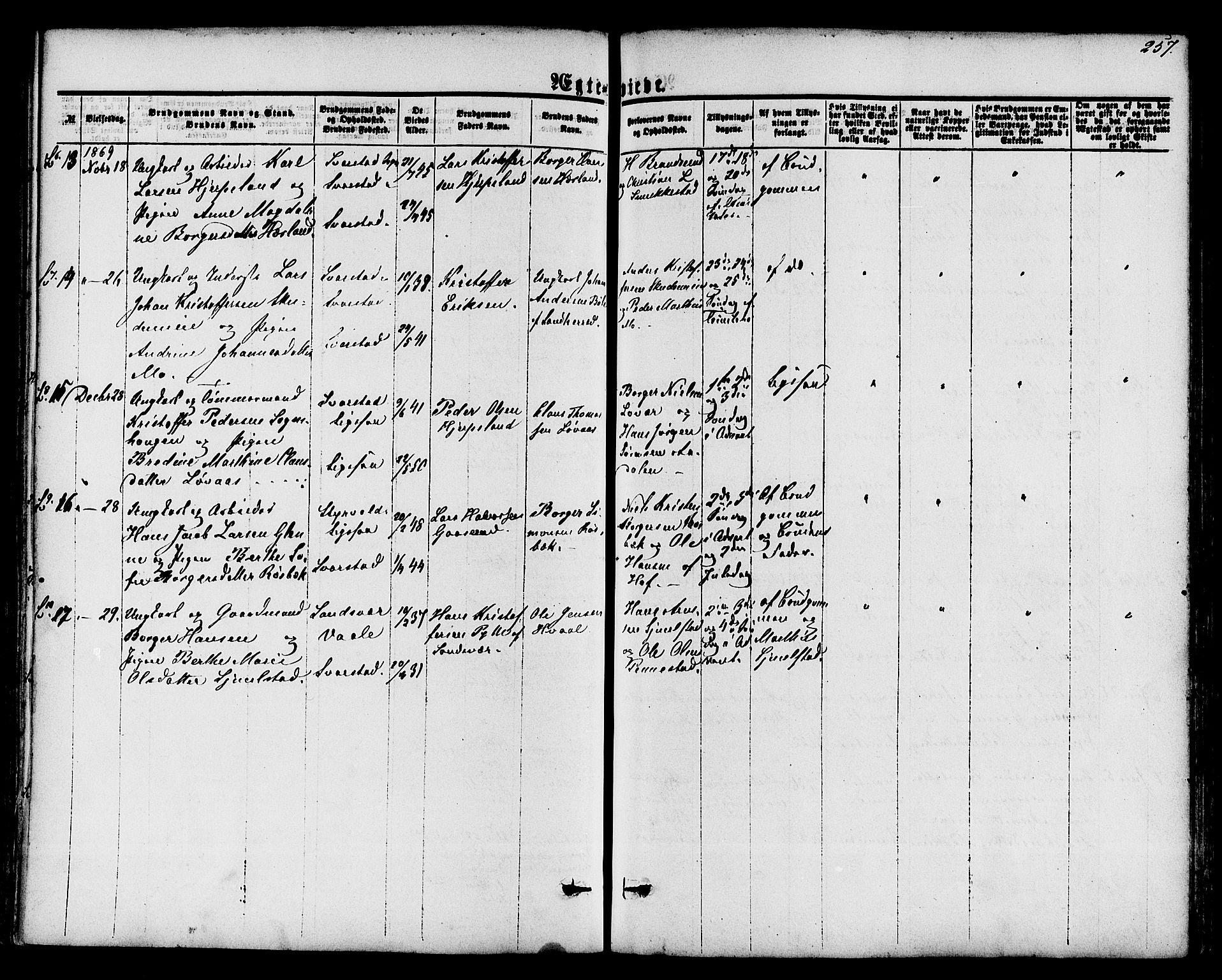 Lardal kirkebøker, AV/SAKO-A-350/F/Fa/L0007: Parish register (official) no. I 7, 1861-1880, p. 257