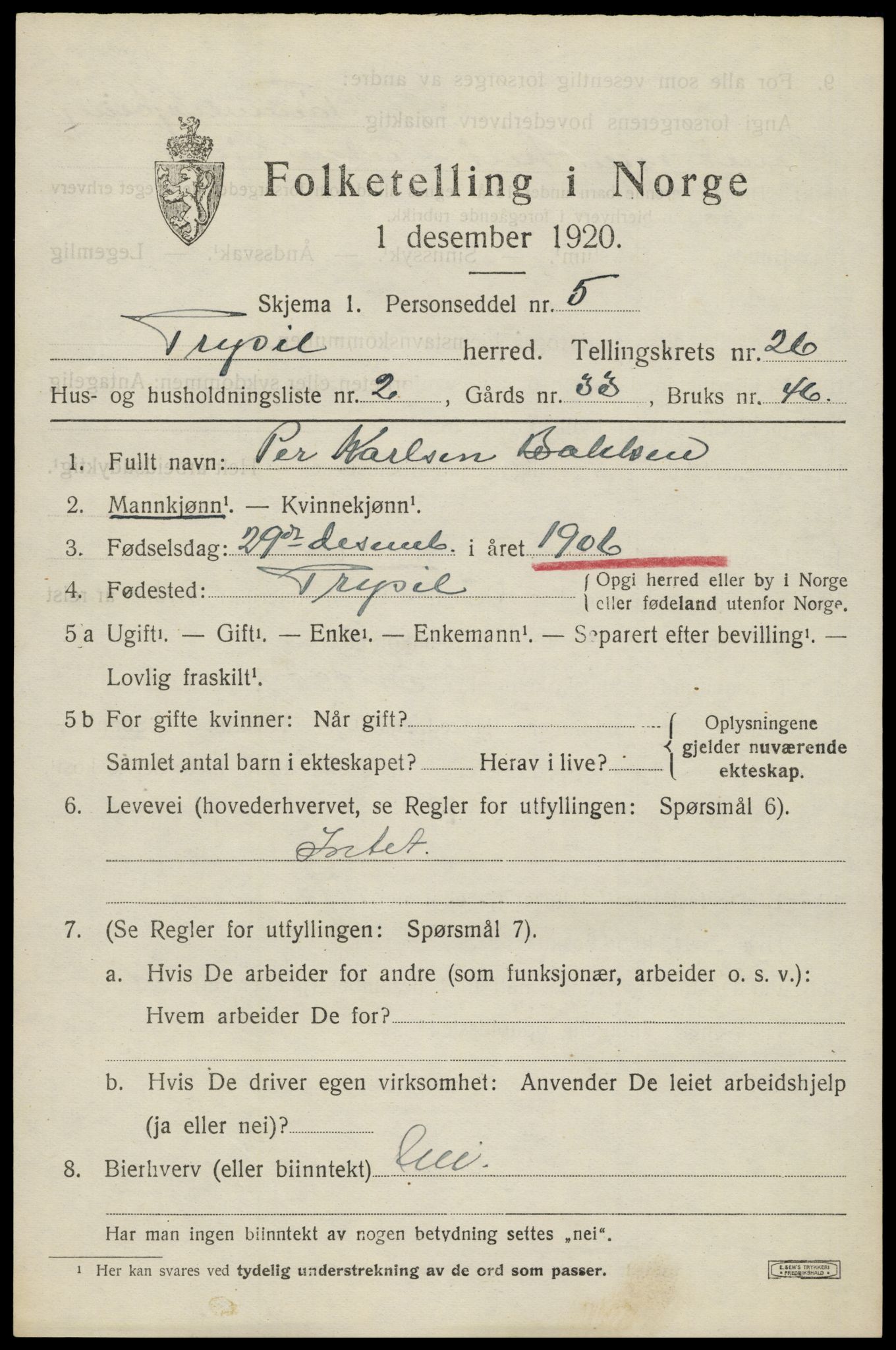 SAH, 1920 census for Trysil, 1920, p. 16125