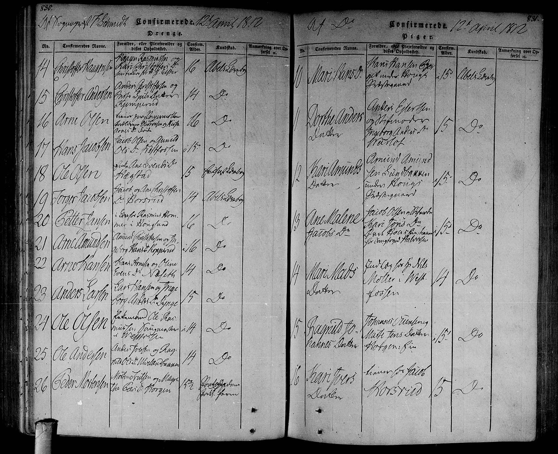 Eiker kirkebøker, SAKO/A-4/F/Fa/L0010: Parish register (official) no. I 10, 1806-1815, p. 830-831
