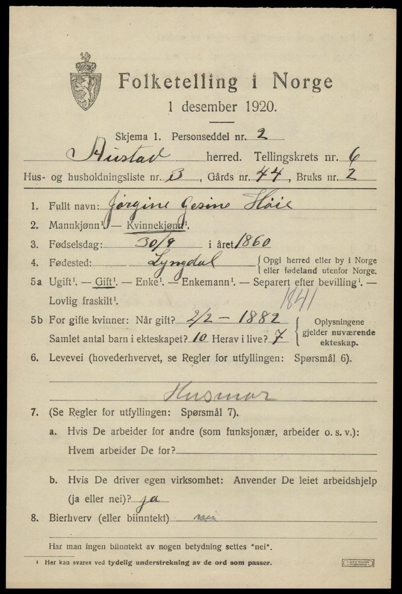 SAK, 1920 census for Austad, 1920, p. 1889