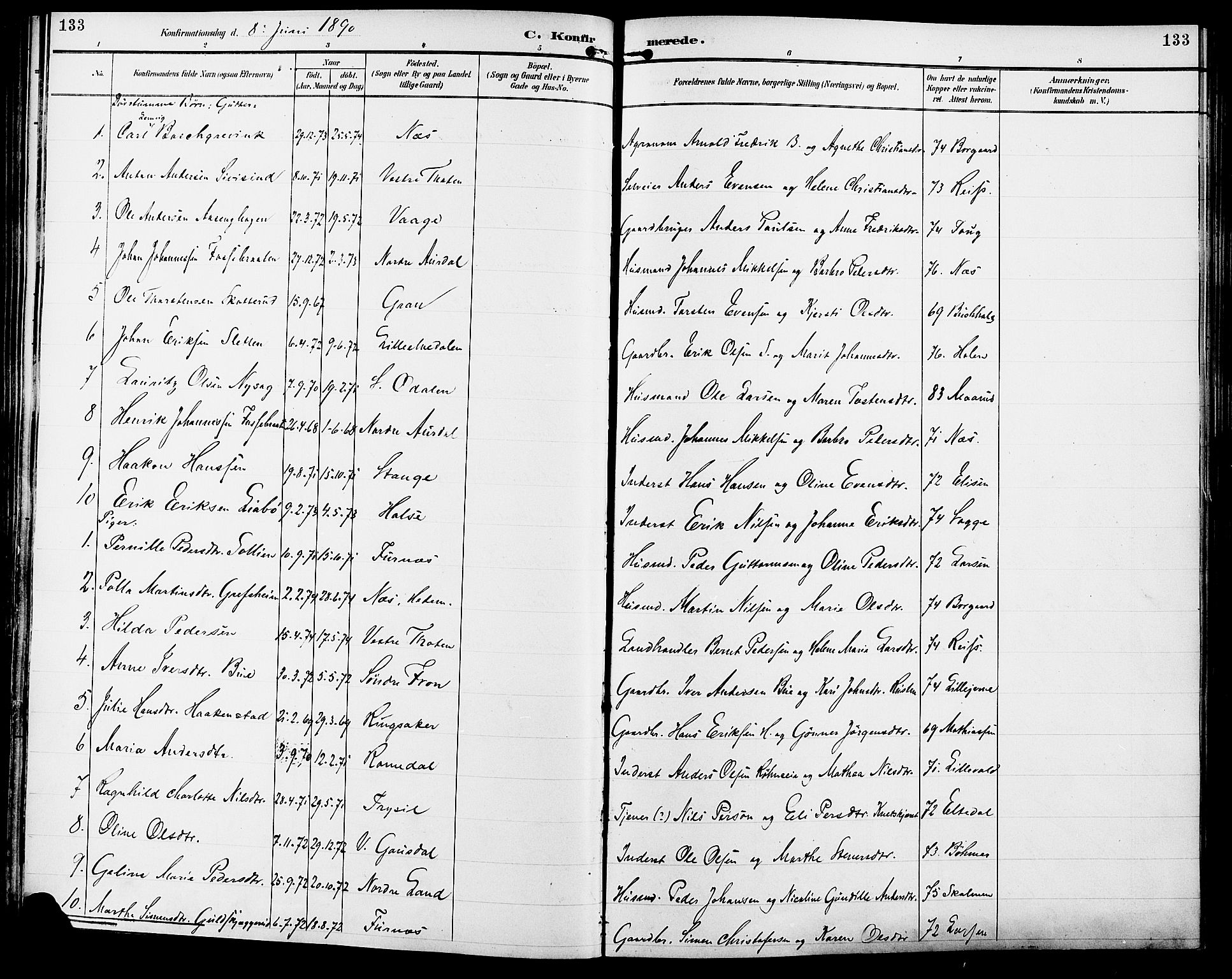 Vang prestekontor, Hedmark, AV/SAH-PREST-008/H/Ha/Haa/L0017: Parish register (official) no. 17, 1890-1899, p. 133