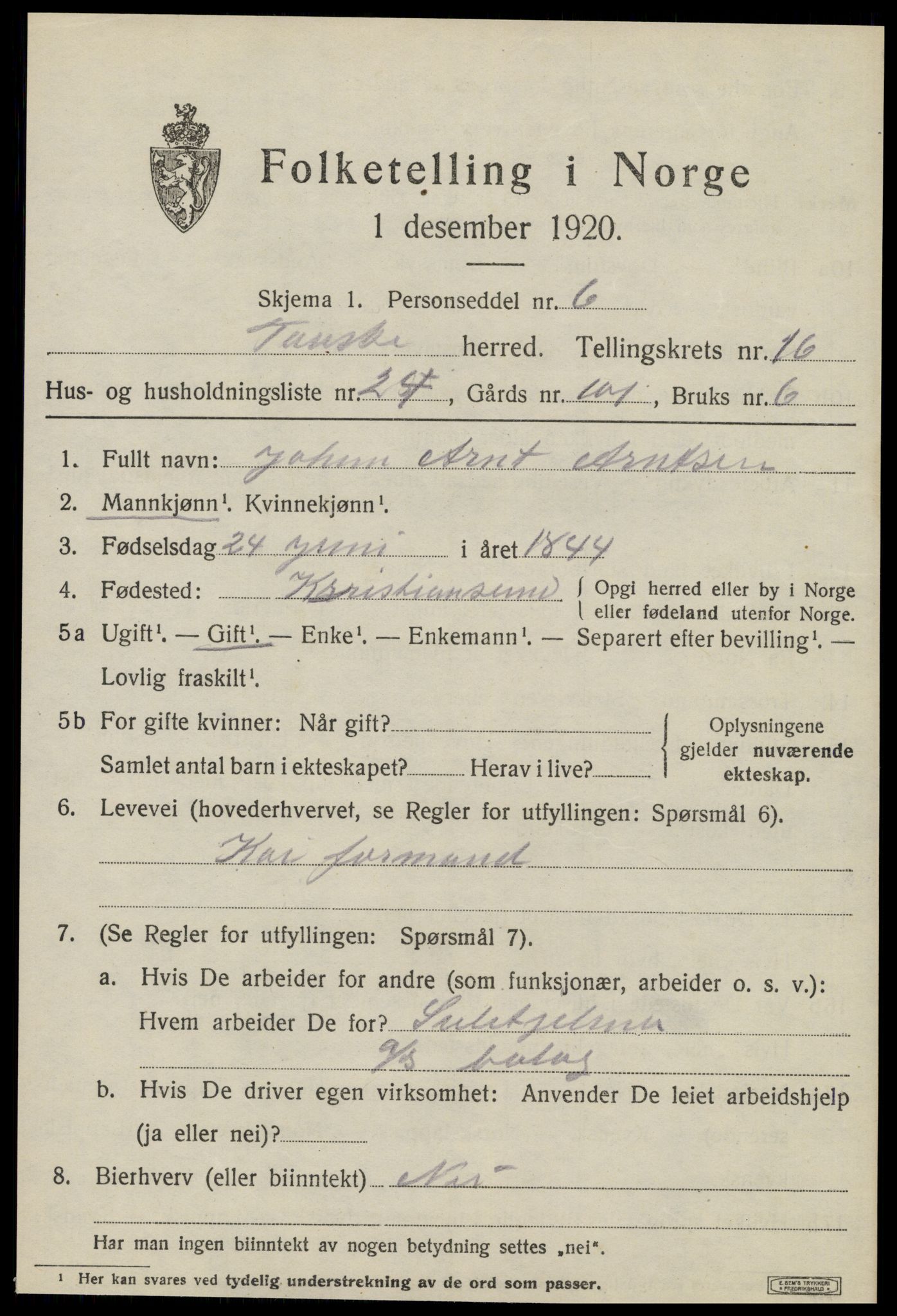 SAT, 1920 census for Fauske, 1920, p. 10104