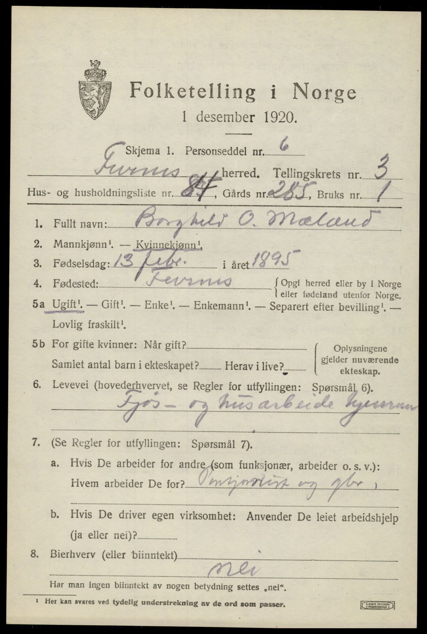 SAH, 1920 census for Furnes, 1920, p. 5657