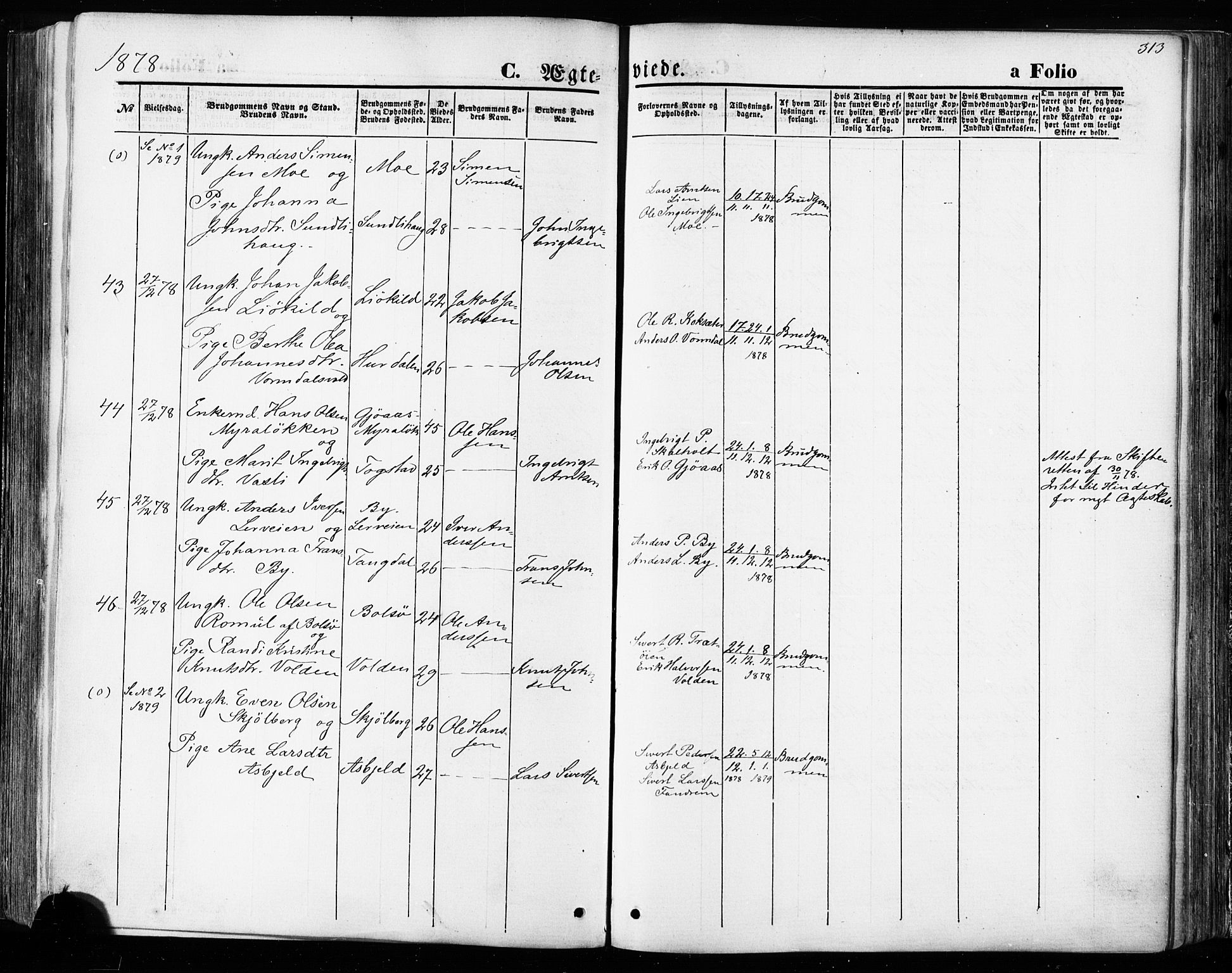 Ministerialprotokoller, klokkerbøker og fødselsregistre - Sør-Trøndelag, SAT/A-1456/668/L0807: Parish register (official) no. 668A07, 1870-1880, p. 313