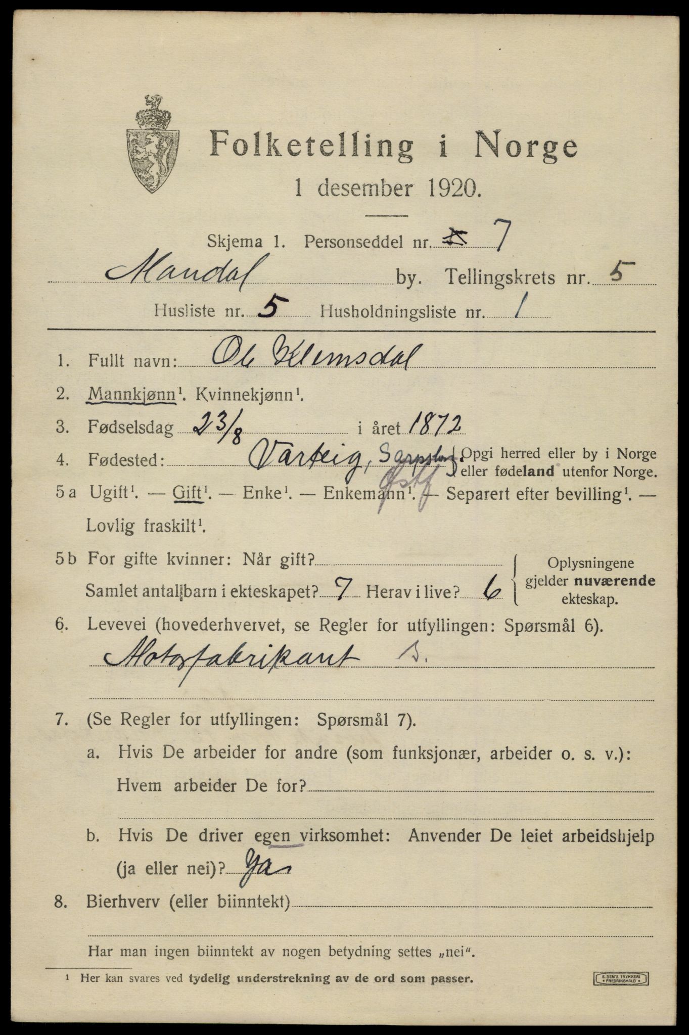 SAK, 1920 census for Mandal, 1920, p. 8247