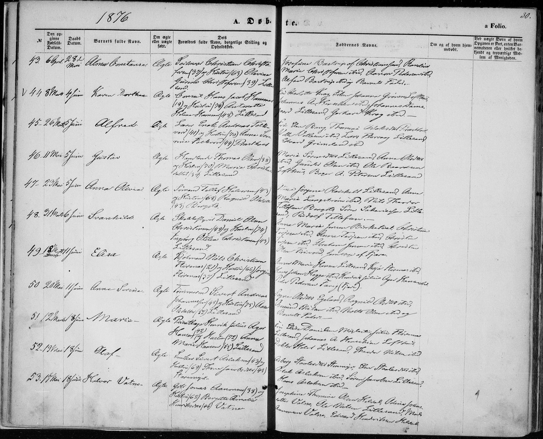 Vestre Moland sokneprestkontor, SAK/1111-0046/F/Fa/Fab/L0008: Parish register (official) no. A 8, 1873-1883, p. 30
