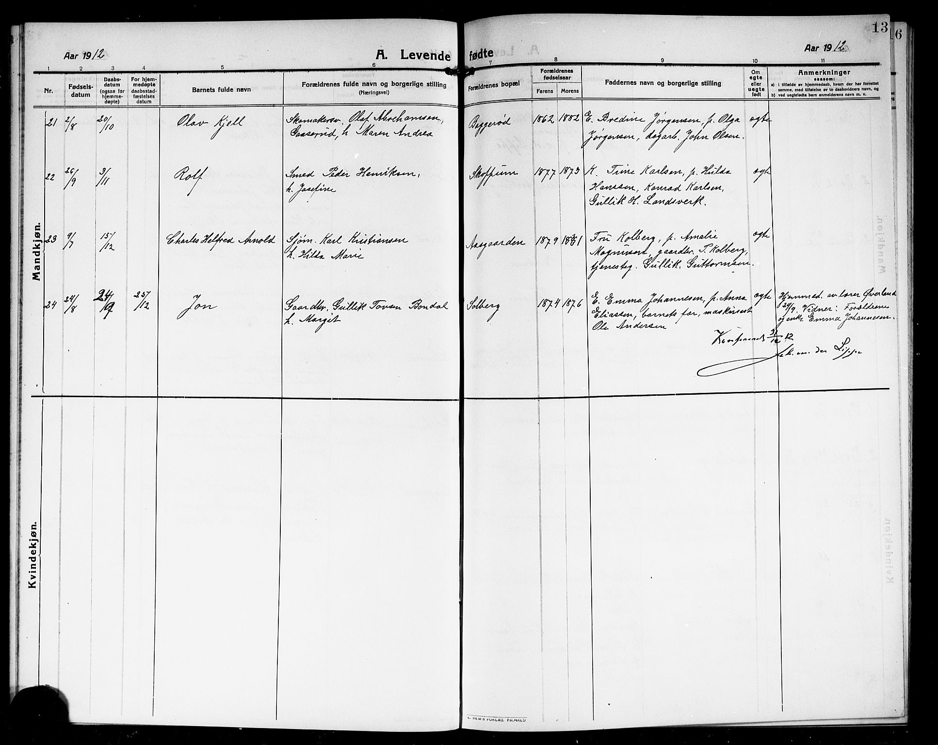 Borre kirkebøker, SAKO/A-338/G/Ga/L0006: Parish register (copy) no. I 6, 1911-1919, p. 13