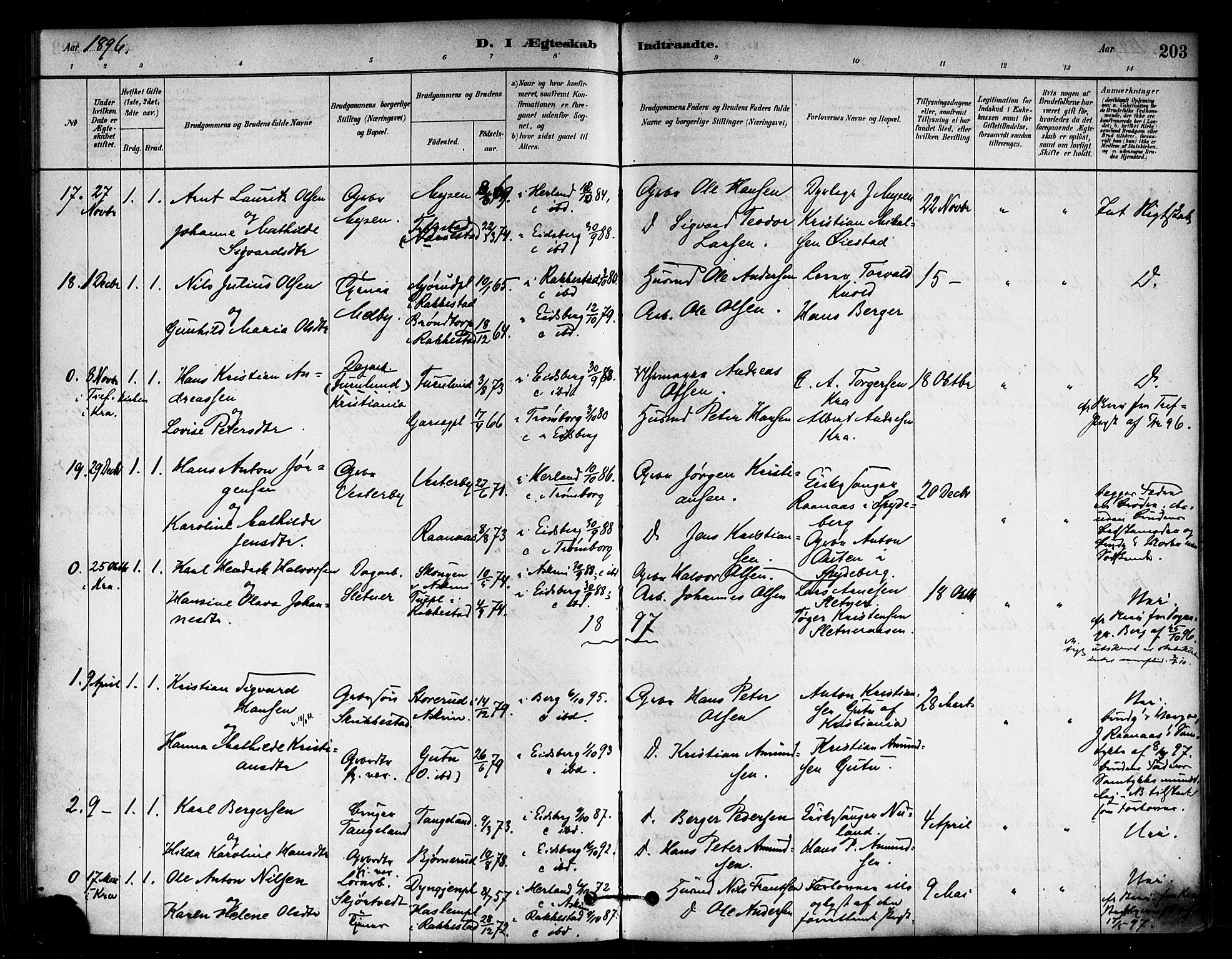 Eidsberg prestekontor Kirkebøker, SAO/A-10905/F/Fa/L0012: Parish register (official) no. I 12, 1879-1901, p. 203