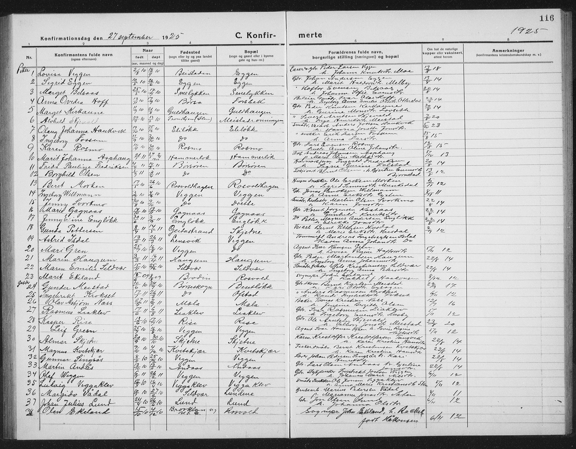 Ministerialprotokoller, klokkerbøker og fødselsregistre - Sør-Trøndelag, SAT/A-1456/665/L0778: Parish register (copy) no. 665C03, 1916-1938, p. 116
