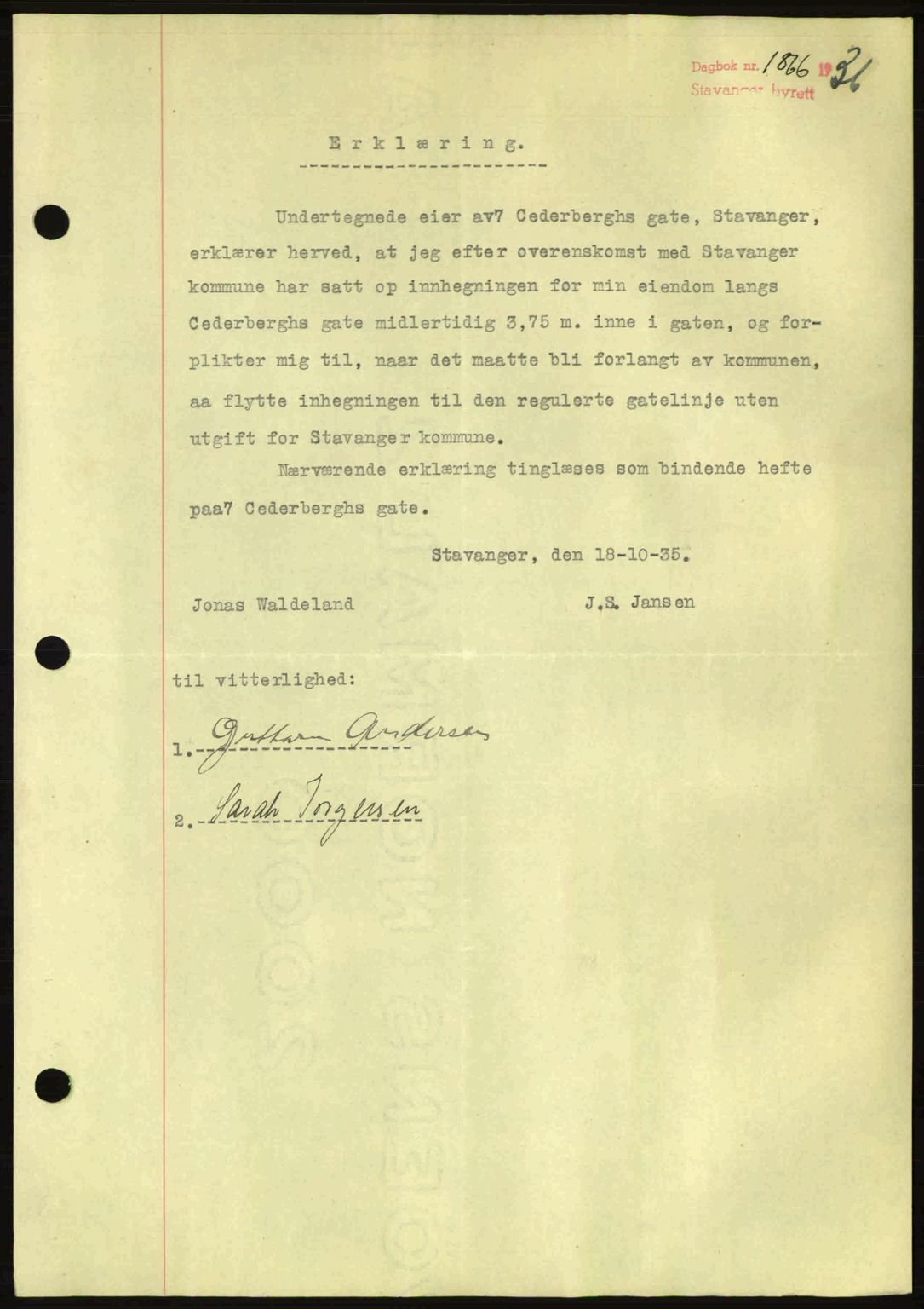 Stavanger byrett, SAST/A-100455/002/G/Gb/L0026: Mortgage book no. B1, 1936-1937, Diary no: : 1866/1936