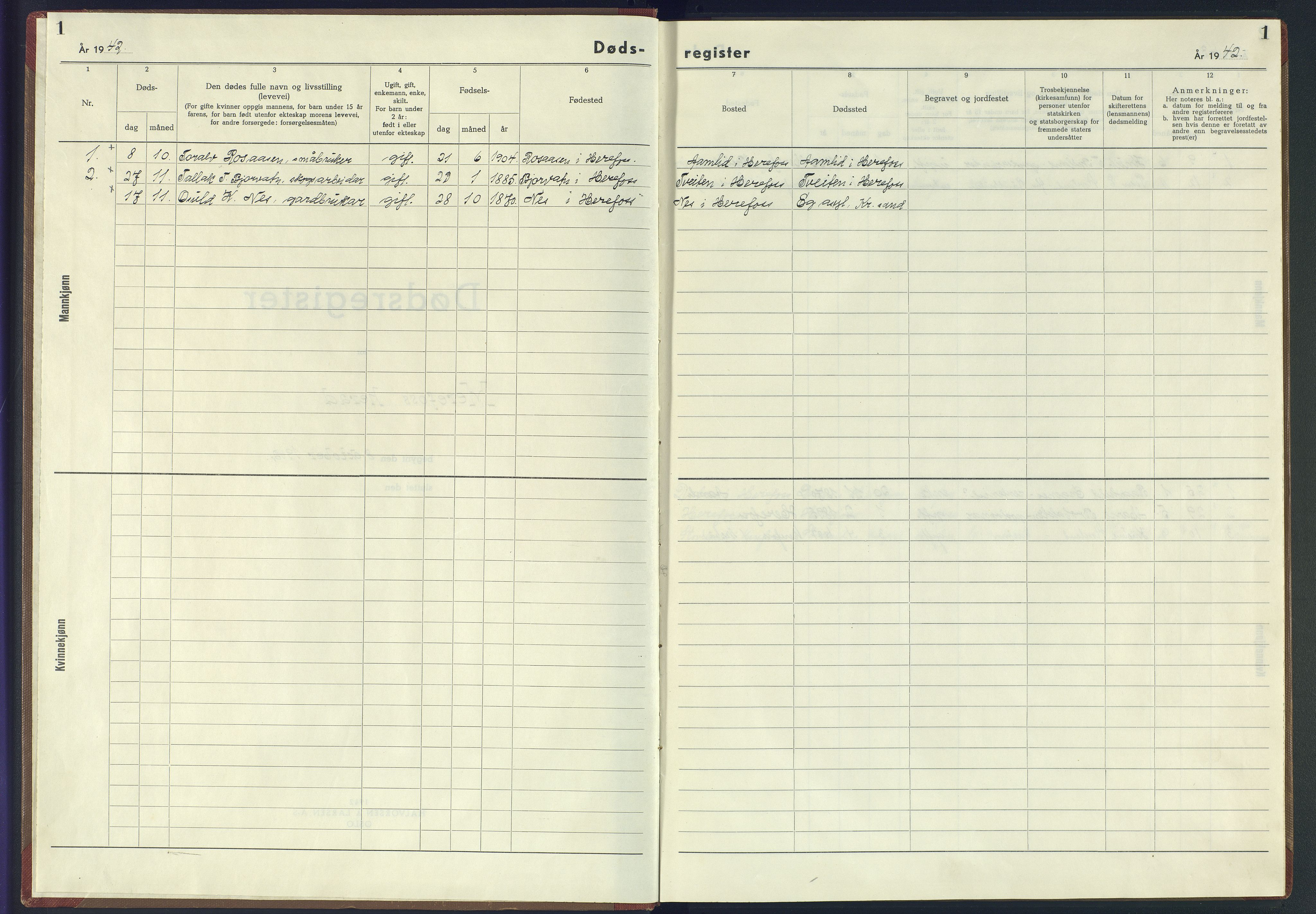 Herefoss sokneprestkontor, SAK/1111-0019/J/Jb/L0007: II.6.7 - Dødsfallsregister Herefoss, 1942-1945, p. 1