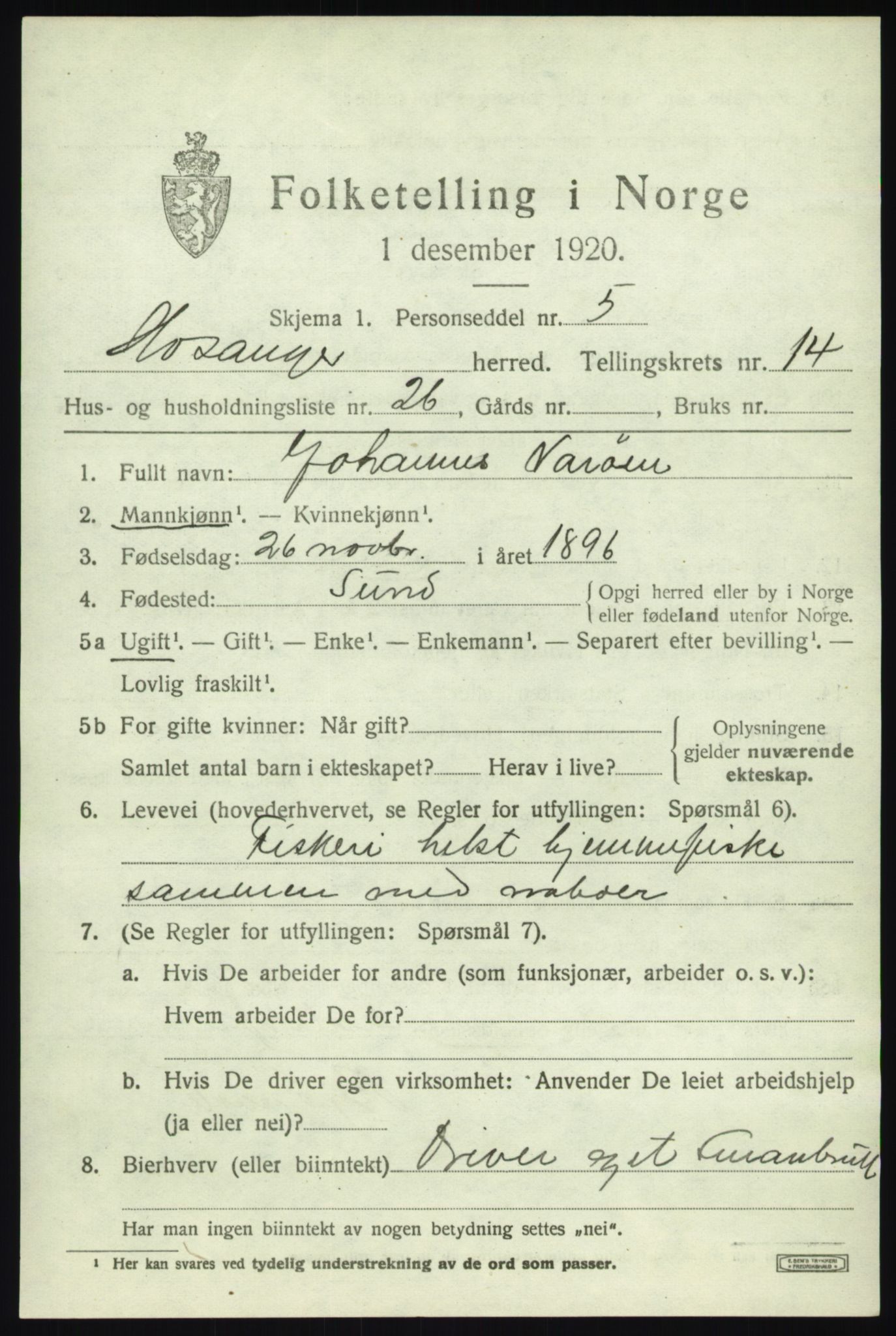 SAB, 1920 census for Hosanger, 1920, p. 5819