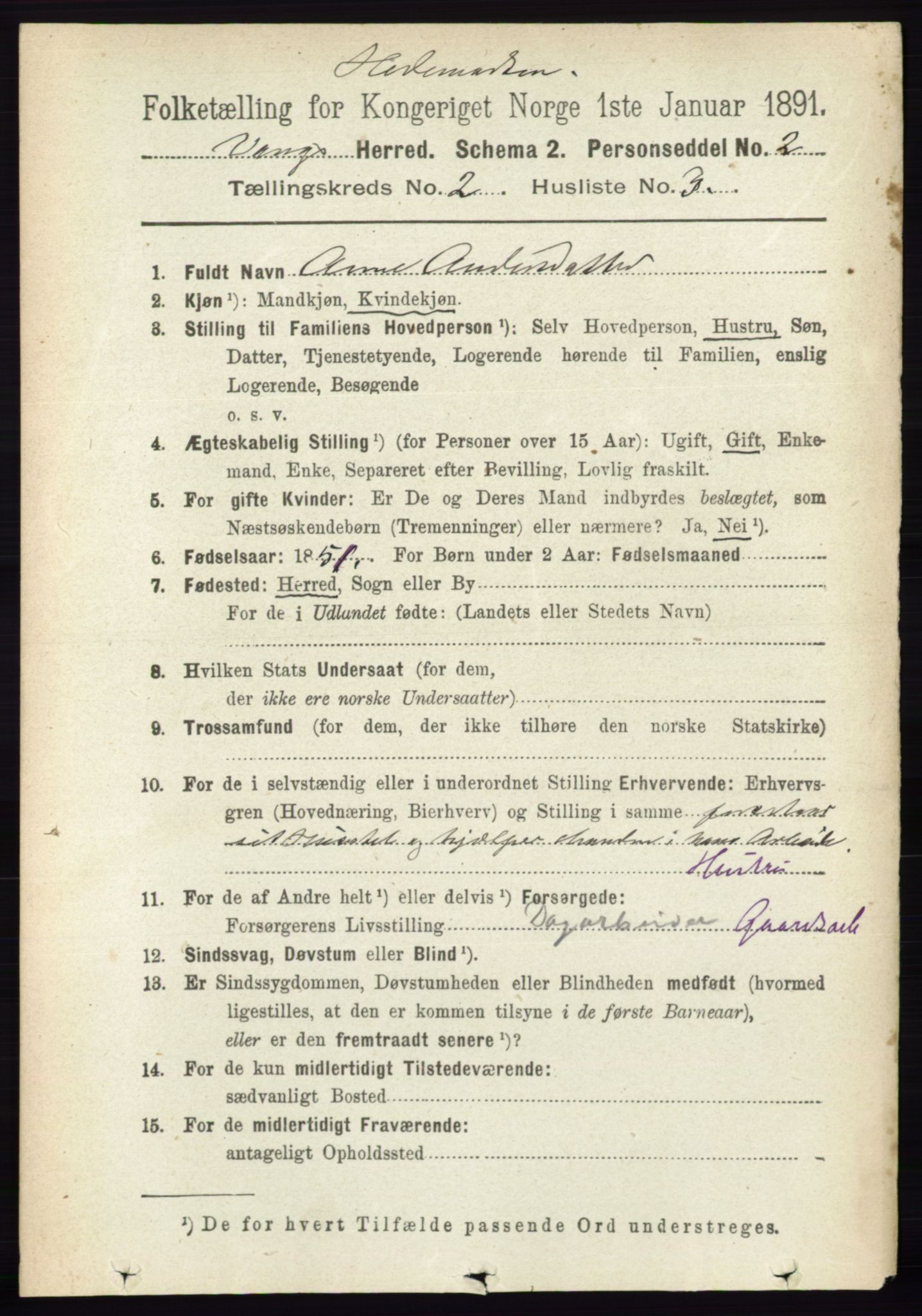 RA, 1891 census for 0414 Vang, 1891, p. 1050