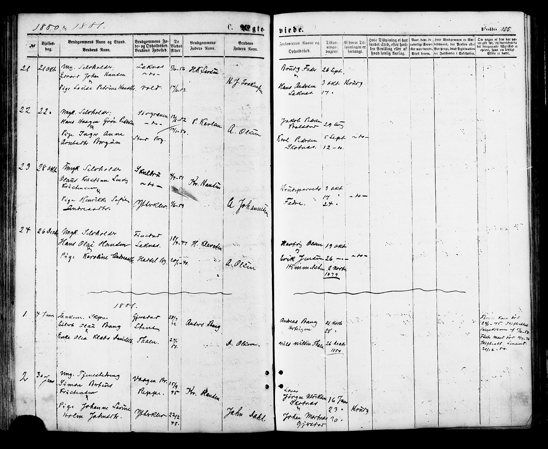 Ministerialprotokoller, klokkerbøker og fødselsregistre - Nordland, SAT/A-1459/881/L1166: Parish register (copy) no. 881C03, 1876-1885, p. 155