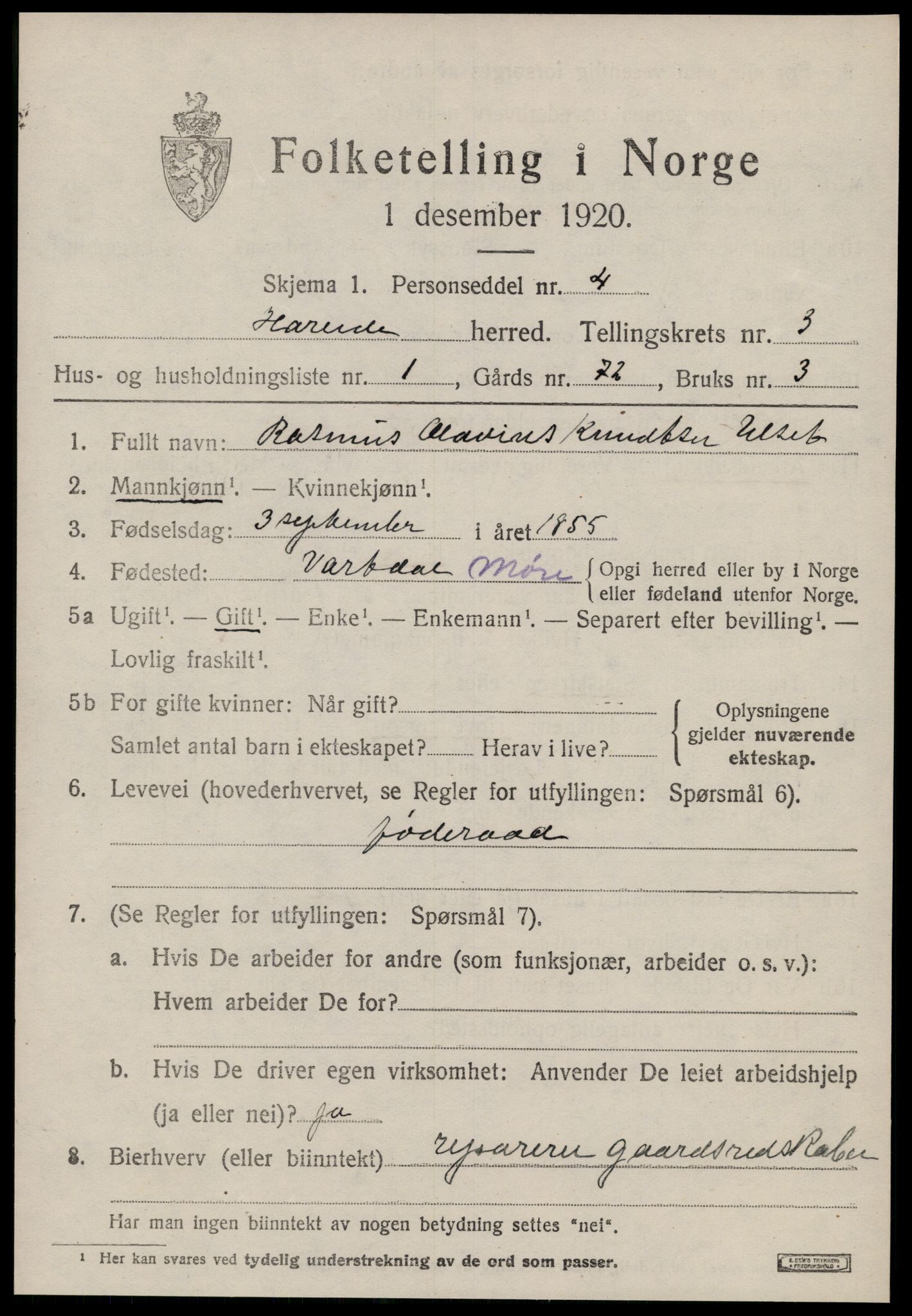 SAT, 1920 census for Hareid, 1920, p. 1393