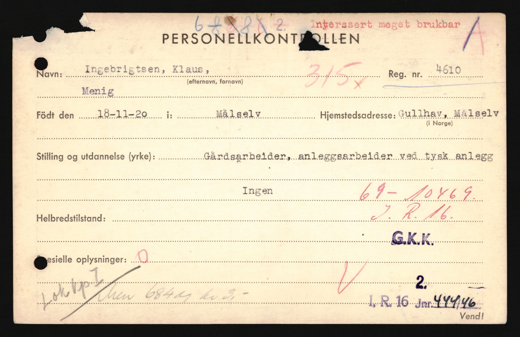 Forsvaret, Troms infanteriregiment nr. 16, AV/RA-RAFA-3146/P/Pa/L0024/0002: Rulleblad / Rulleblad for regimentets menige mannskaper, årsklasse 1941, 1941, p. 162