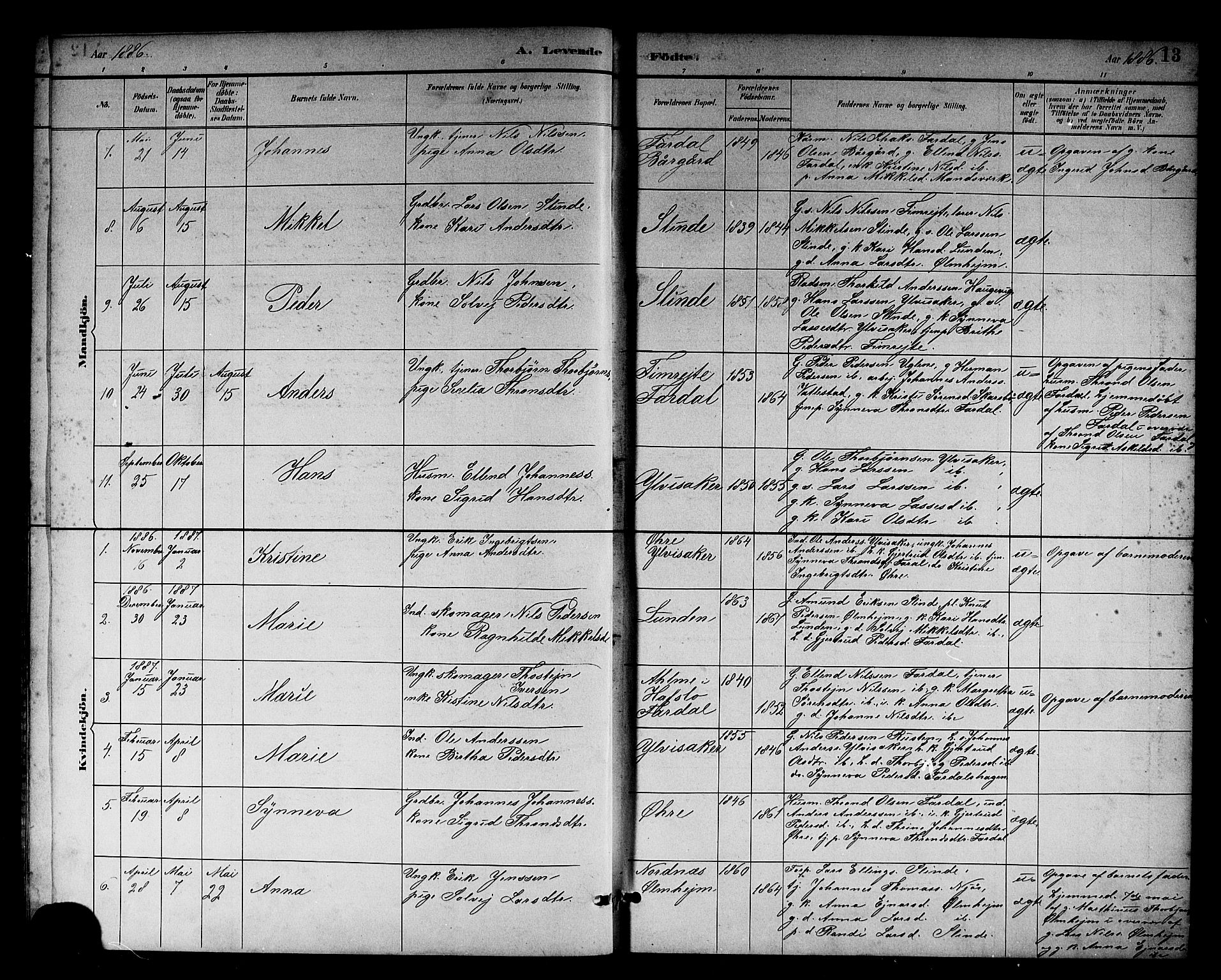 Sogndal sokneprestembete, SAB/A-81301/H/Hab/Habc/L0002: Parish register (copy) no. C 2, 1884-1910, p. 13