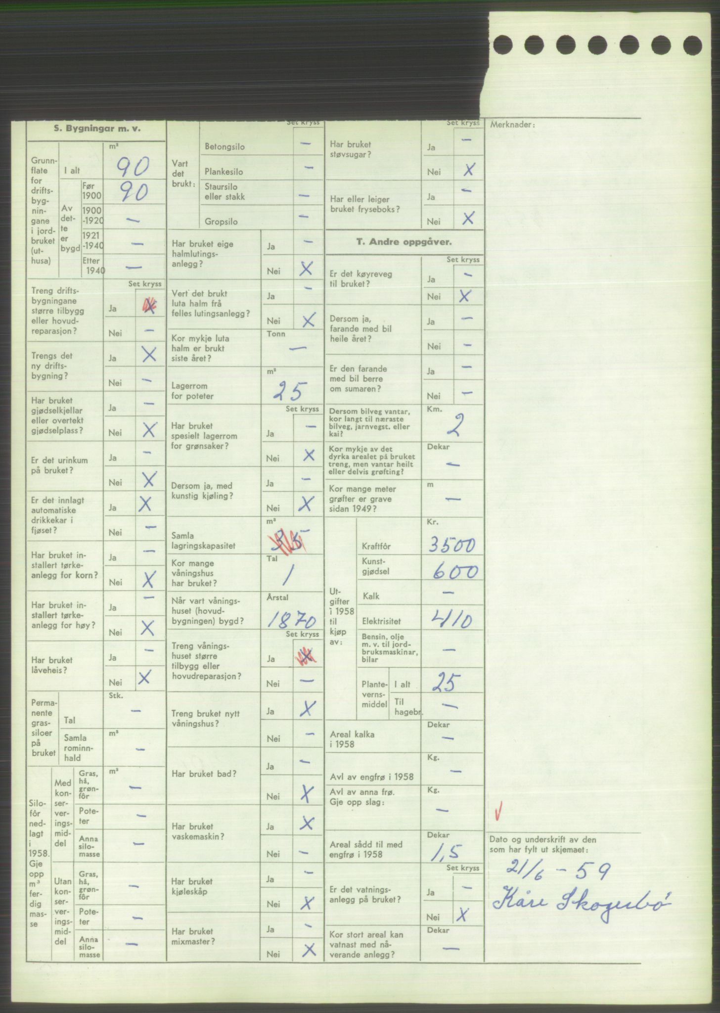 Statistisk sentralbyrå, Næringsøkonomiske emner, Jordbruk, skogbruk, jakt, fiske og fangst, AV/RA-S-2234/G/Gd/L0373: Rogaland: 1130 Strand (kl. 1-2), 1131 Årdal og 1132 Fister, 1959, p. 1270