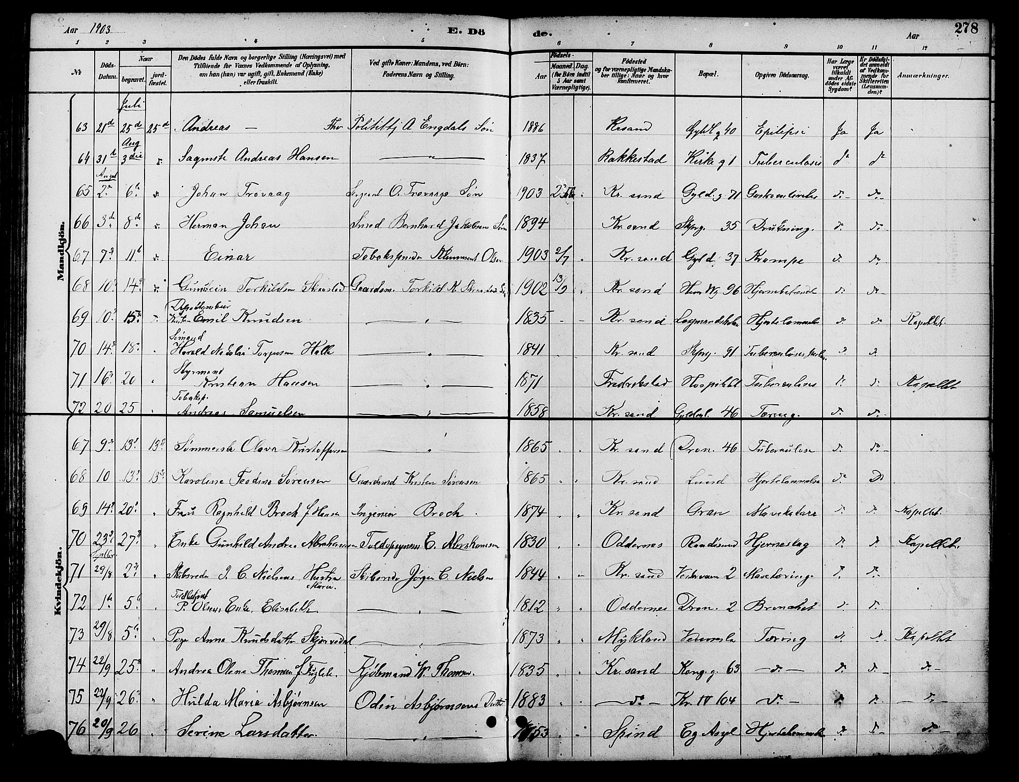 Kristiansand domprosti, SAK/1112-0006/F/Fb/L0017: Parish register (copy) no. B 17, 1893-1906, p. 278